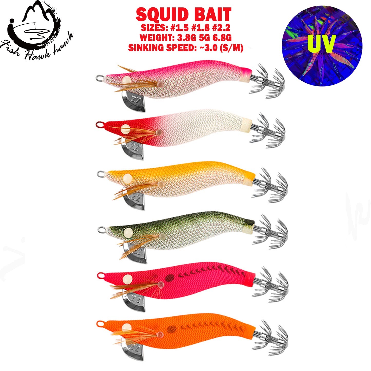 New Squid Hook #1.5/3.8g #1.8/5g #2.2/6.8g Rapid inkiSng Artificial Luminous Squid Jigging Bait Wood Shrimp Hooks for Saltwater Tackle Fishing Lure