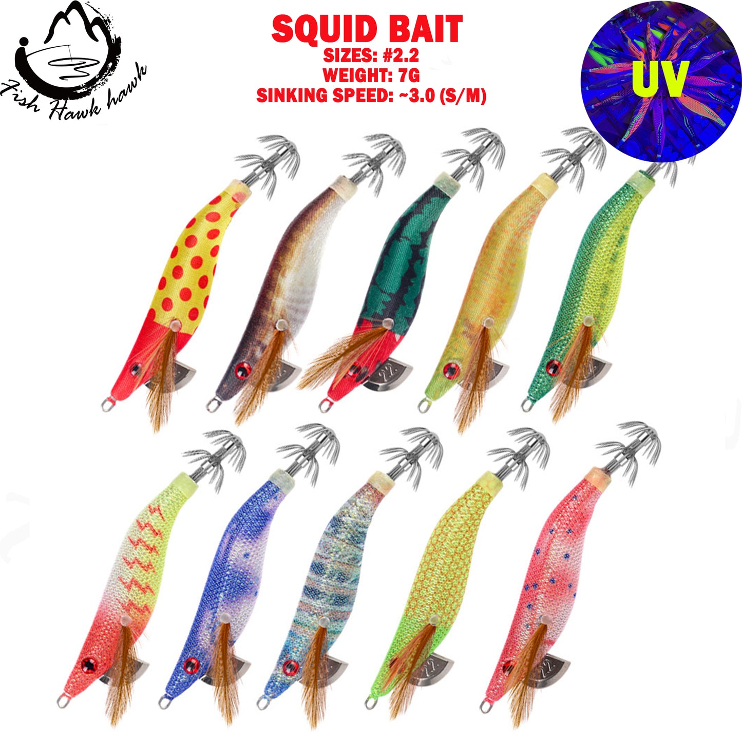 New Squid Hook #2.2/7g Rapid inkiSng Artificial Luminous Squid Jigging Bait Wood Shrimp Hooks for Saltwater Tackle Fishing Lure