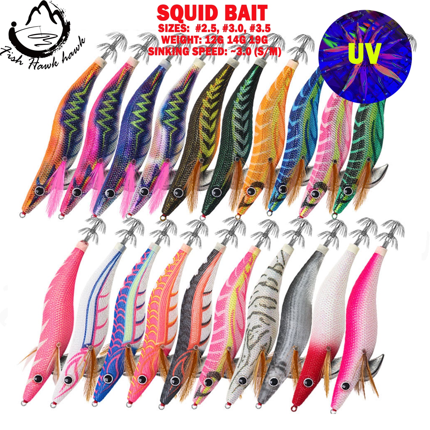 New Squid Hook #2.5/12g #3.0/14g #3.5 /19g Rapid inkiSng Artificial Luminous Squid Jigging Bait Wood Shrimp Hooks for Saltwater Tackle Fishing Lure