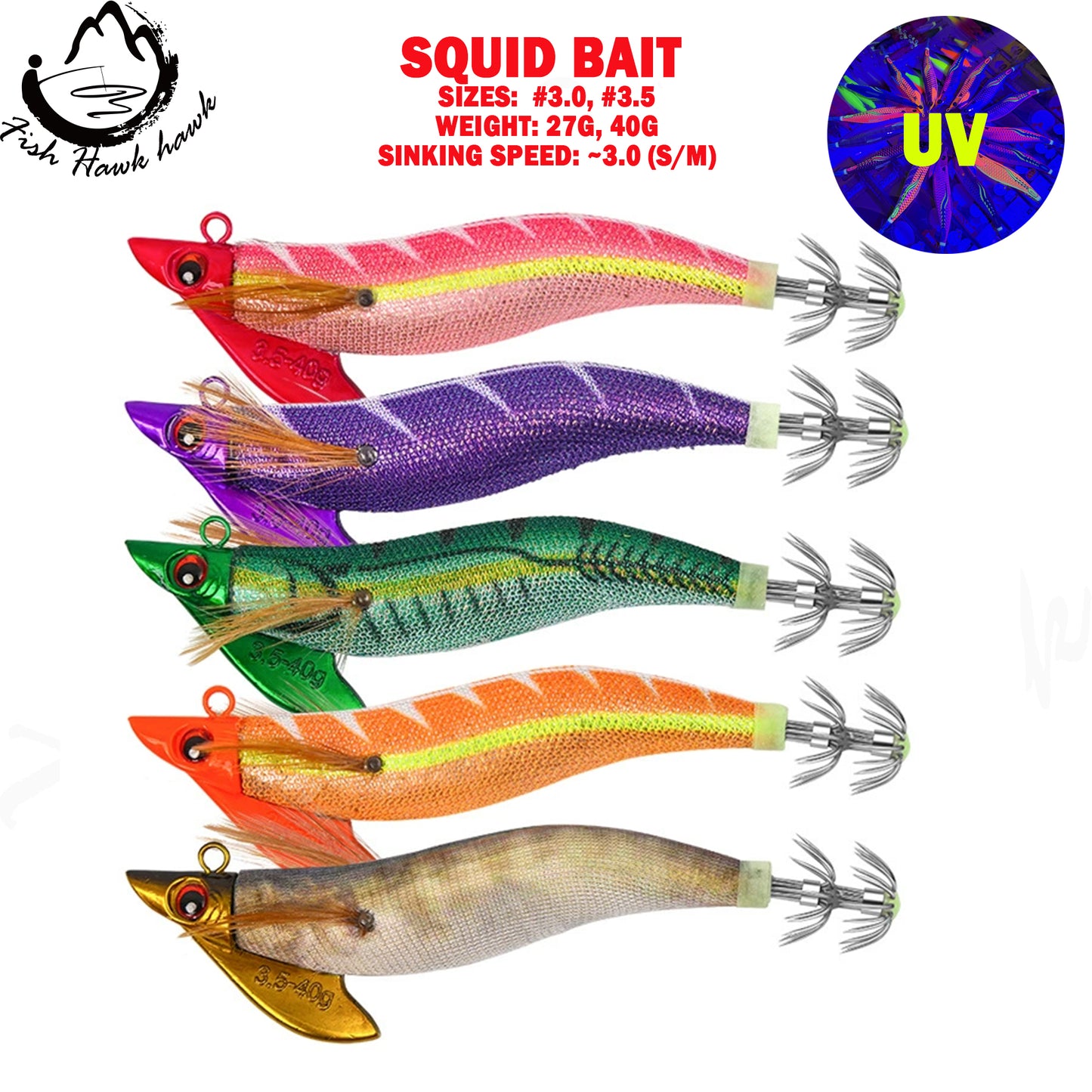 New Squid Hook 3.0/27g #3.5/40g Rapid inkiSng Artificial Luminous Squid Jigging Bait Wood Shrimp Hooks for Saltwater Tackle Fishing Lure