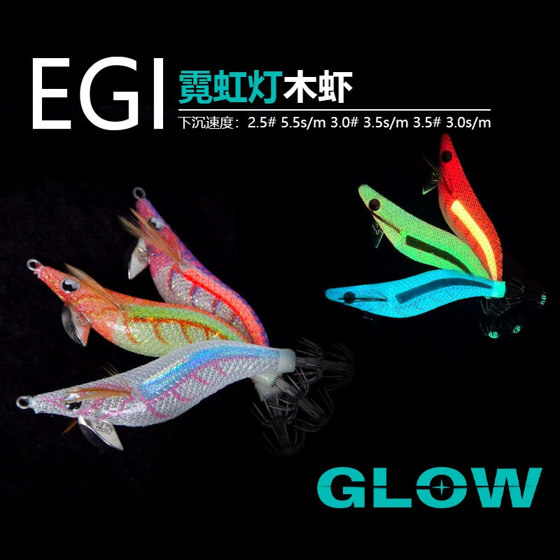 New Squid Hook #2.5/9.5g #3.0/15.5g #3.5/19.5g Rapid inkiSng Artificial Luminous Squid Jigging Bait Wood Shrimp Hooks for Saltwater Tackle Fishing Lure