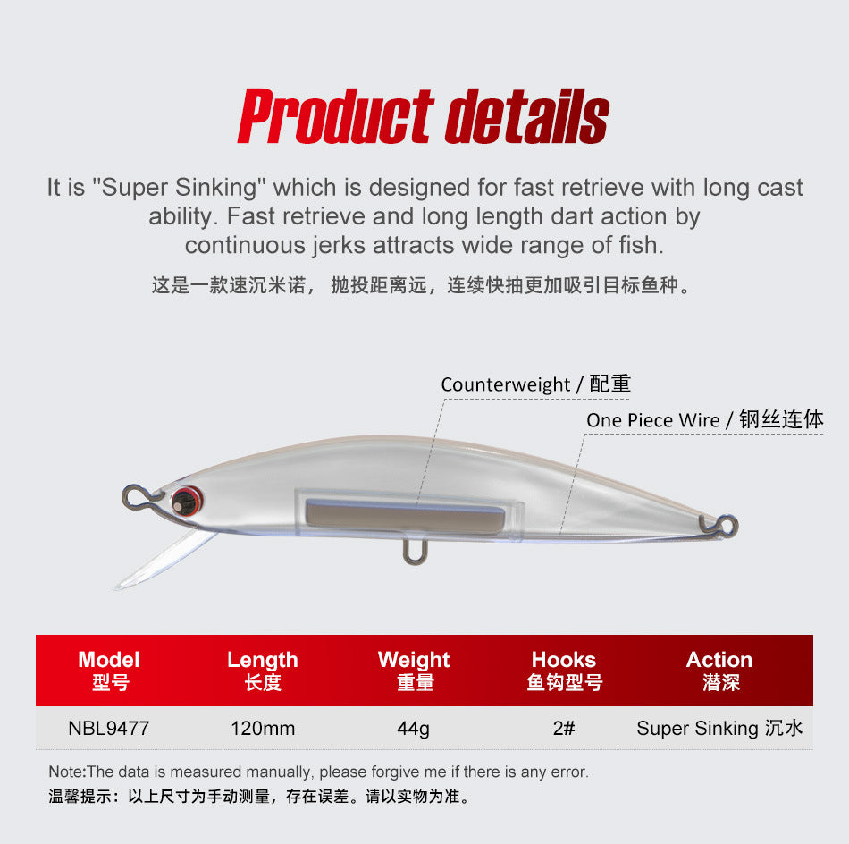 NOEBY Saltwater Pencil Bait/Stickbait/Minnow/Topwater/Popper Lure 120mm/44g