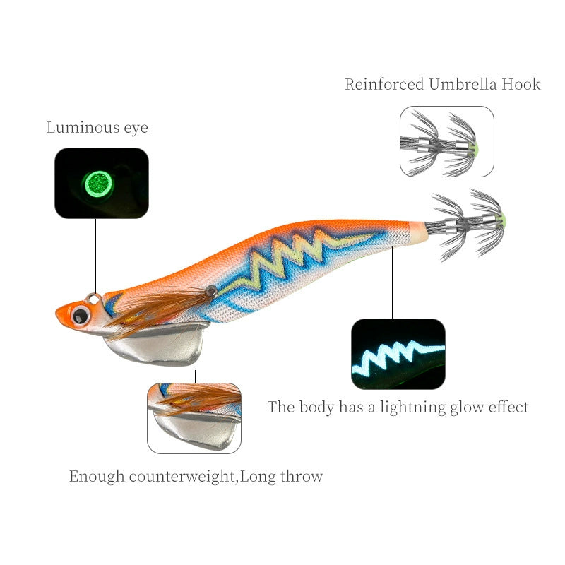New Squid Hook #3.0/28g #3.5/40g Rapid inkiSng Artificial Luminous Squid Jigging Bait Wood Shrimp Hooks for Saltwater Tackle Fishing Lure