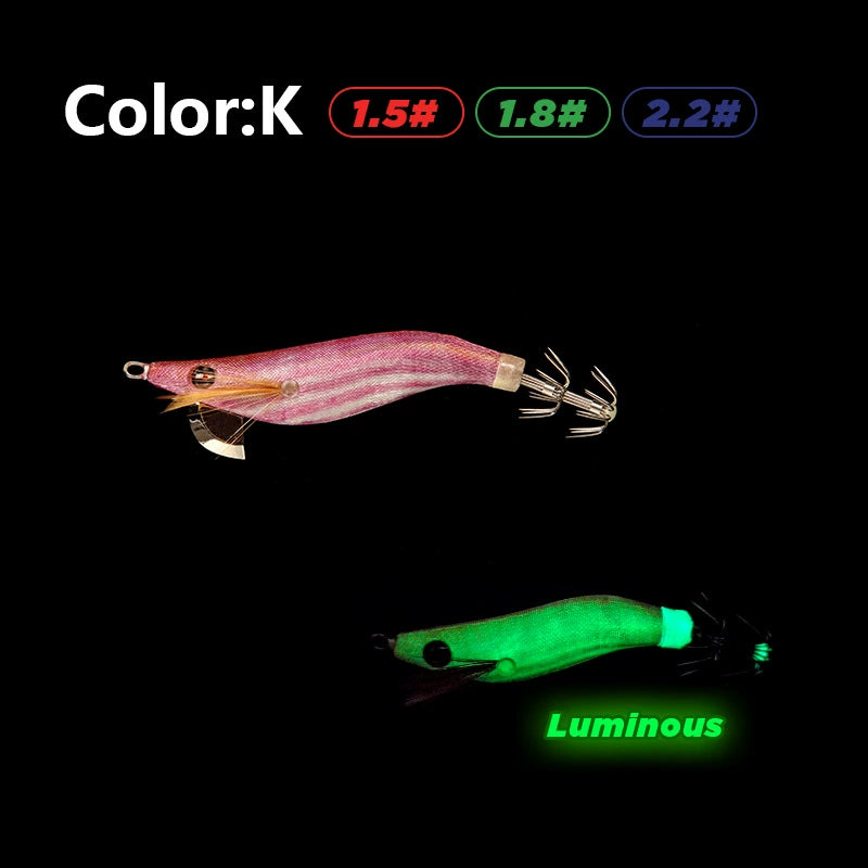 New Squid Hook #1.5/3.7g #1.8/5.2g #2.2/7.0g Rapid inkiSng Artificial Luminous Squid Jigging Bait Wood Shrimp Hooks for Saltwater Tackle Fishing Lure