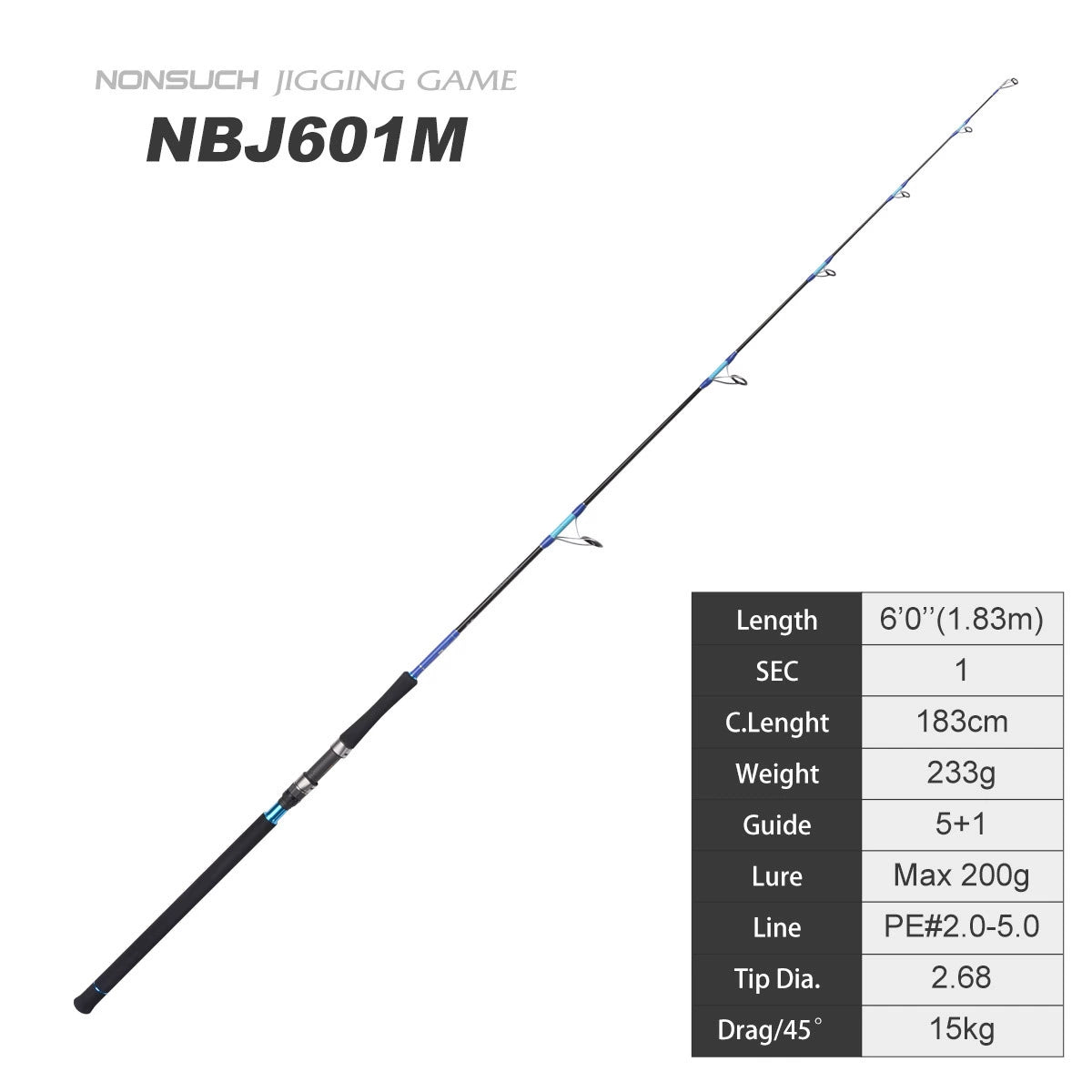 NOEBY Slow Pitch Jigging/Saltwater/Topwater/Big Game/GT /Tuna Rod NBJ601M/Spinning/Casting/Bait weight 200g/350g