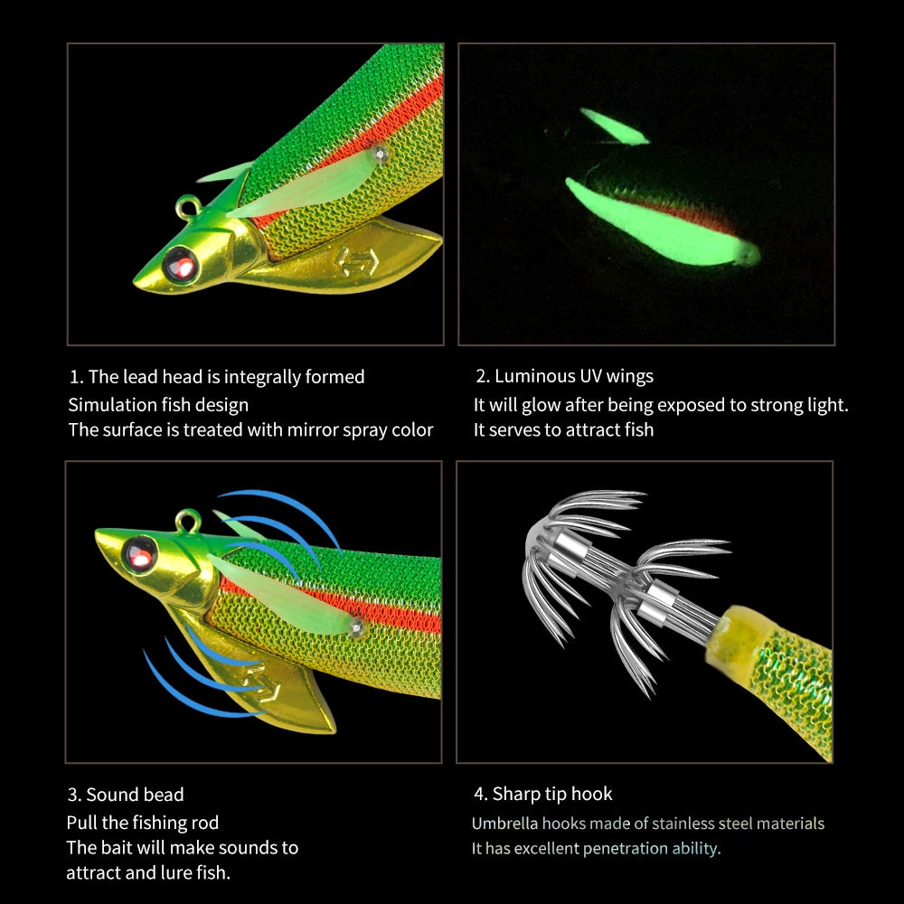 New Squid Hook #3.0/30g #3.5/35g Rapid inkiSng Artificial Luminous Squid Jigging Bait Wood Shrimp Hooks for Saltwater Tackle Fishing Lure