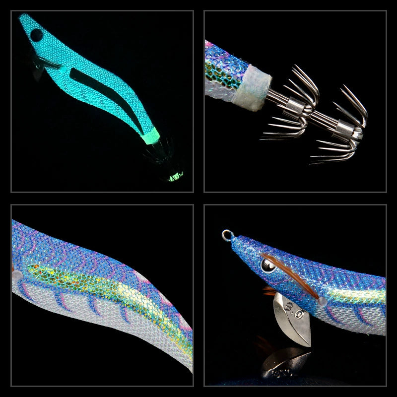 New Squid Hook #2.5/9.5g #3.0/15.5g #3.5/19.5g Rapid inkiSng Artificial Luminous Squid Jigging Bait Wood Shrimp Hooks for Saltwater Tackle Fishing Lure
