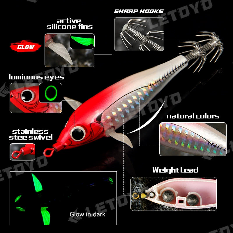 New Squid Hook #73mm/6g #90mm/10g Rapid inkiSng Artificial Luminous Squid Jigging Bait Wood Shrimp Hooks for Saltwater Tackle Fishing Lure