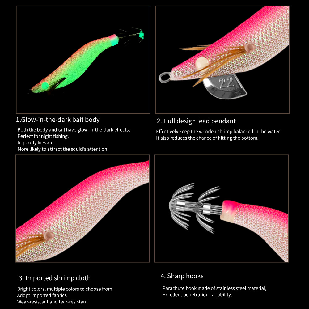New Squid Hook #1.5/3.8g #1.8/5g #2.2/6.8g Rapid inkiSng Artificial Luminous Squid Jigging Bait Wood Shrimp Hooks for Saltwater Tackle Fishing Lure