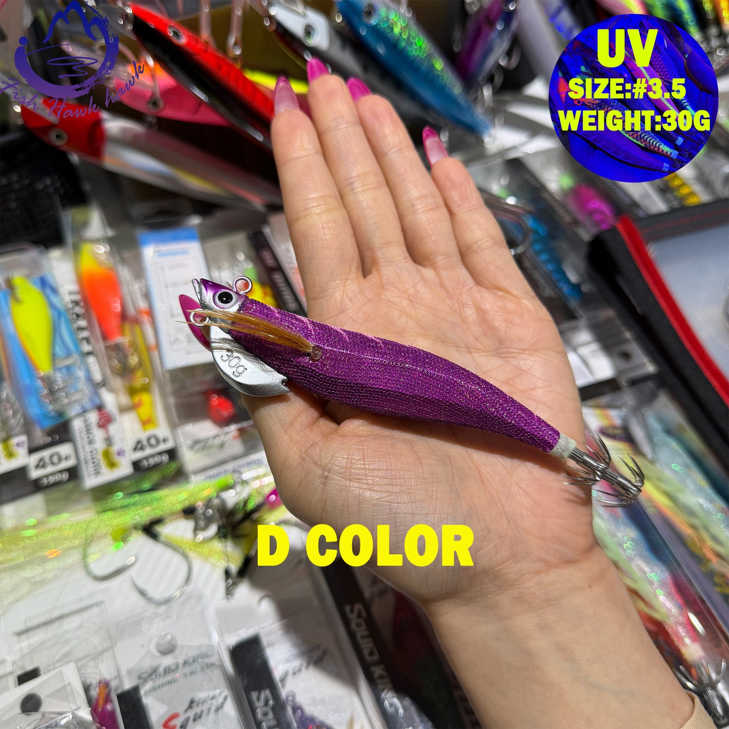 New 30g ABS Squid Hook Wooden Shrimp Lure #3.5 UV Glow Octopus/Squid Jigging Fishing Lure Deep Sea Saltwater & River Fishing Squid Hook