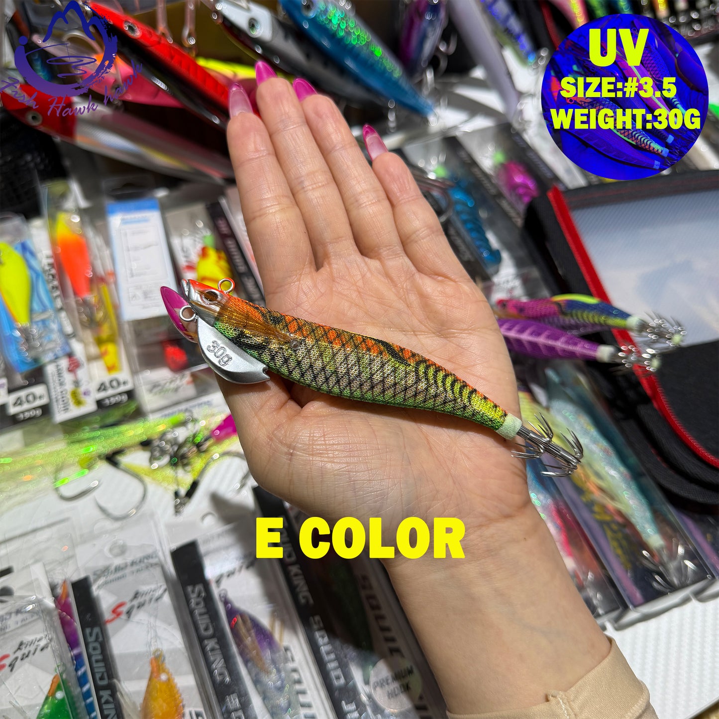 New 30g ABS Squid Hook Wooden Shrimp Lure #3.5 UV Glow Octopus/Squid Jigging Fishing Lure Deep Sea Saltwater & River Fishing Squid Hook