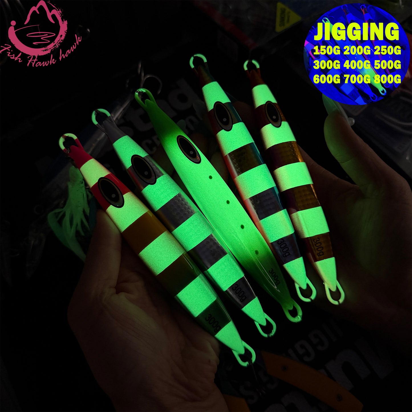 #28 Glow Slow Pitch Metal Jigging Jigs Lure 150g 200g 250g 300g 400g 500g 600g 700g 800g