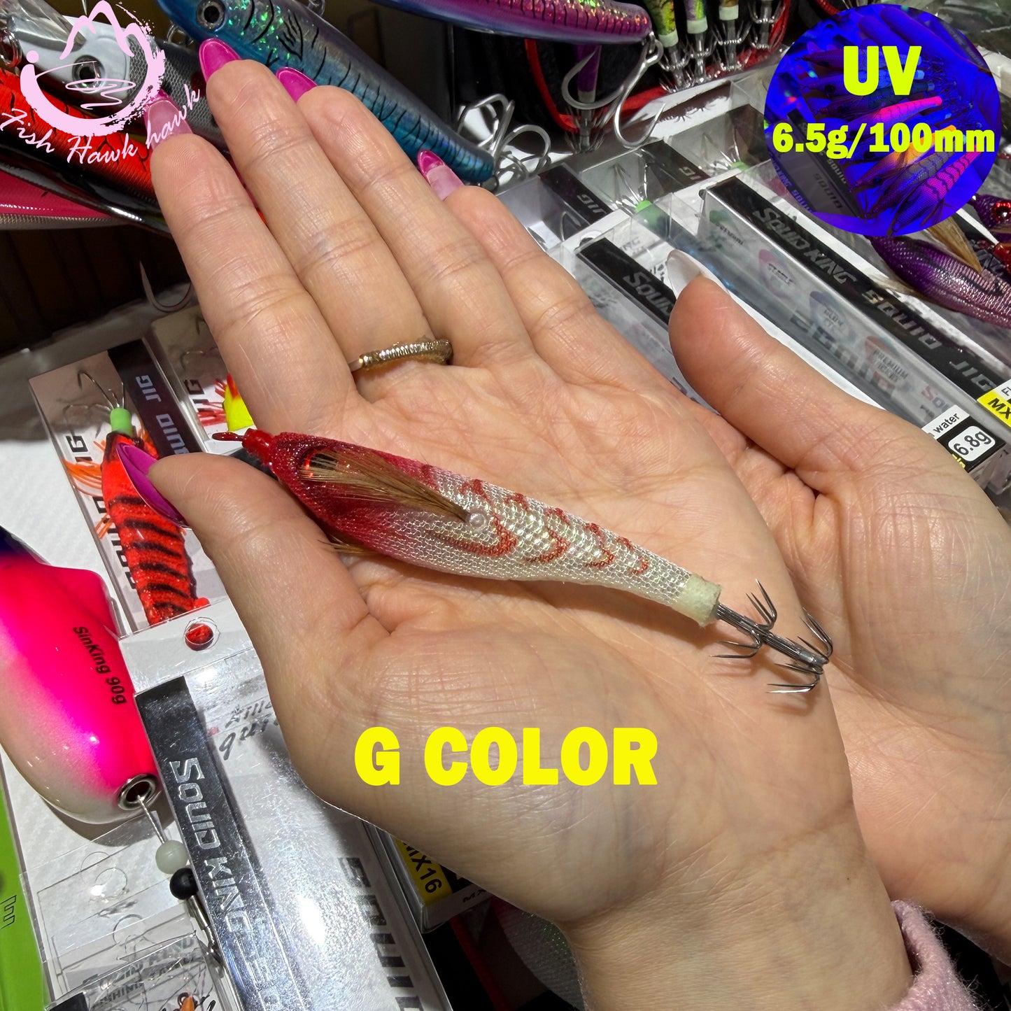 New Wholesale 2.5# Squid Jigs 6.5g 10cm UV Luminous PVC/ABS Shrimp Bait Glow Night Fishing Lures 3D Eyes Stainless Squid Hook