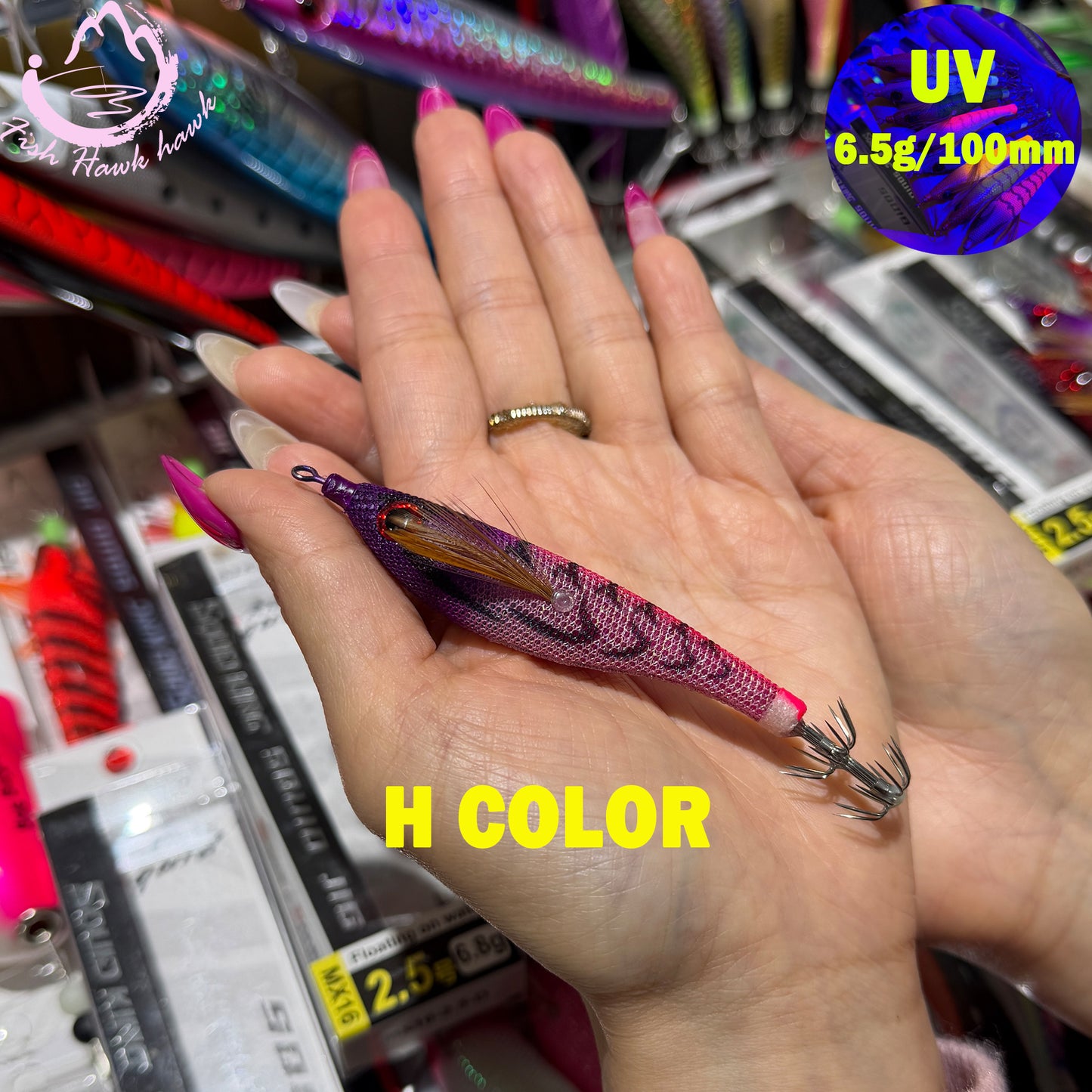 New Wholesale 2.5# Squid Jigs 6.5g 10cm UV Luminous PVC/ABS Shrimp Bait Glow Night Fishing Lures 3D Eyes Stainless Squid Hook