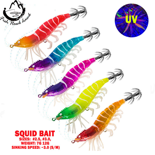 New Squid Hook #2.5/7g #3.0/12g  Rapid inkiSng Artificial Luminous Squid Jigging Bait Wood Shrimp Hooks for Saltwater Tackle Fishing Lure