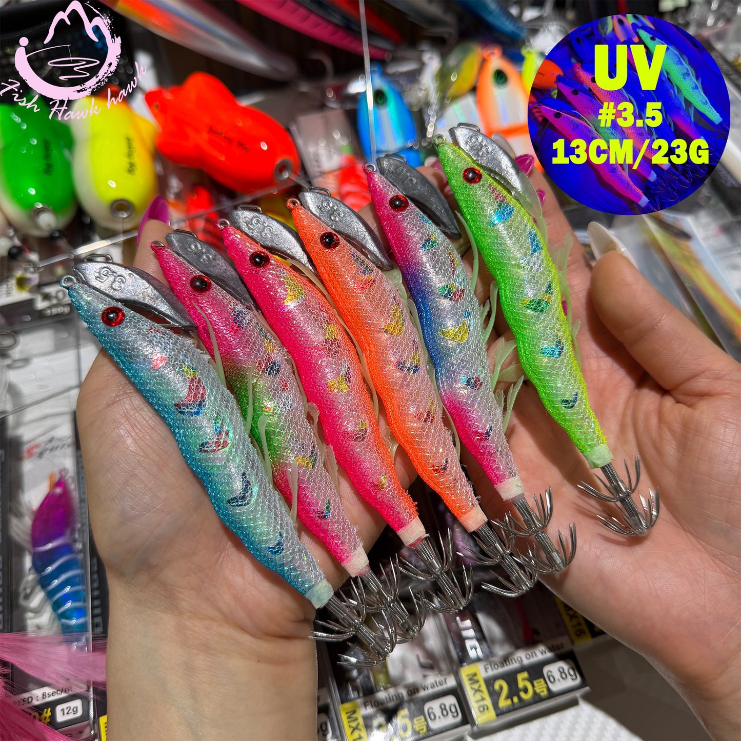New Wooden Shrimp Bait #3.5 13cm 23g Squid Hook Lure Ultra UV Glow Egi Jig for Deep Sea Saltwater Night Jigging Fishing Squid hook