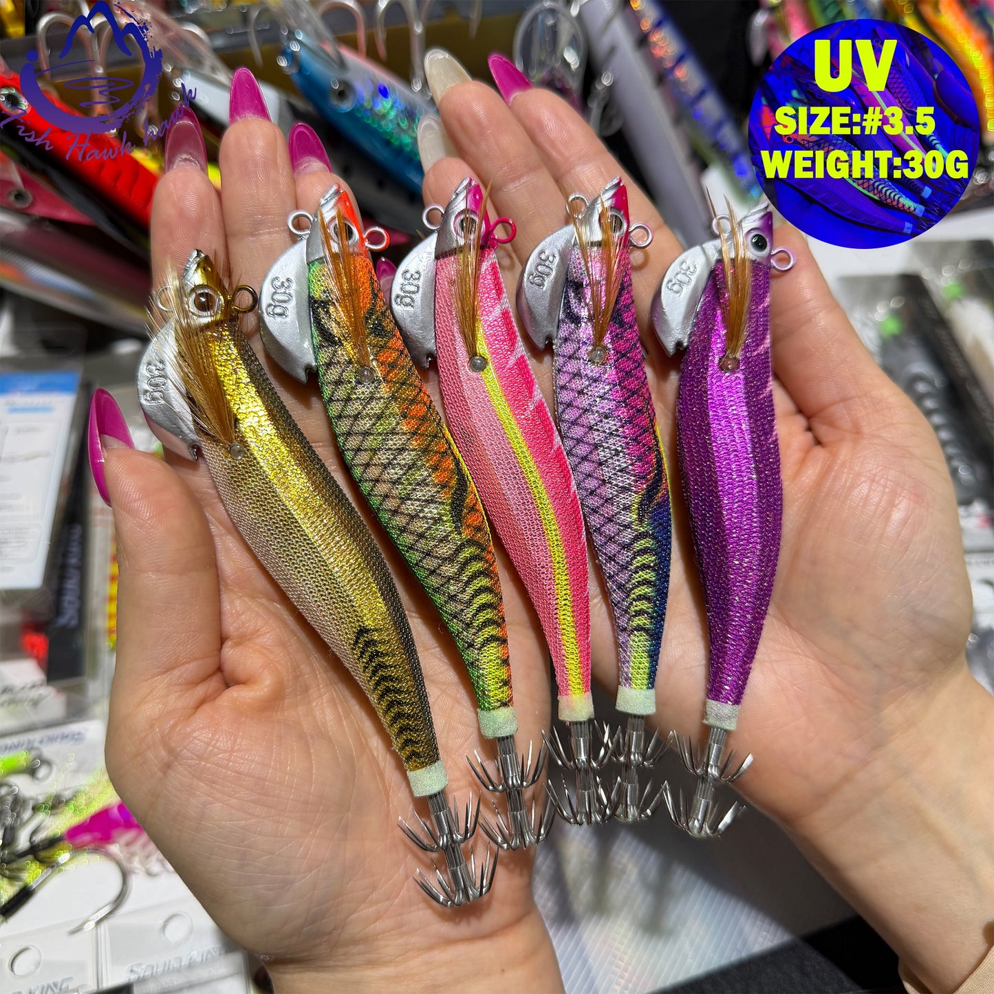 New 30g ABS Squid Hook Wooden Shrimp Lure #3.5 UV Glow Octopus/Squid Jigging Fishing Lure Deep Sea Saltwater & River Fishing Squid Hook