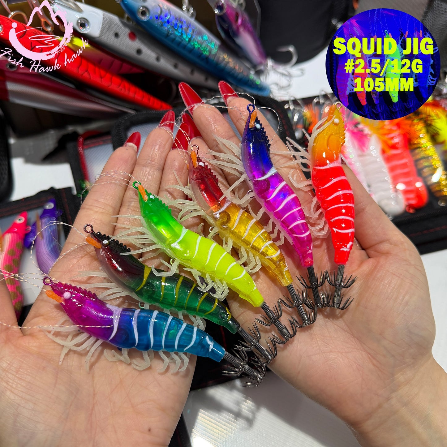 New High Glow Squid Jig Lure #2.5 #3.0 – Realistic Shrimp Body, Sharp Crown Hooks for Squid & Cuttlefish Squid Hook
