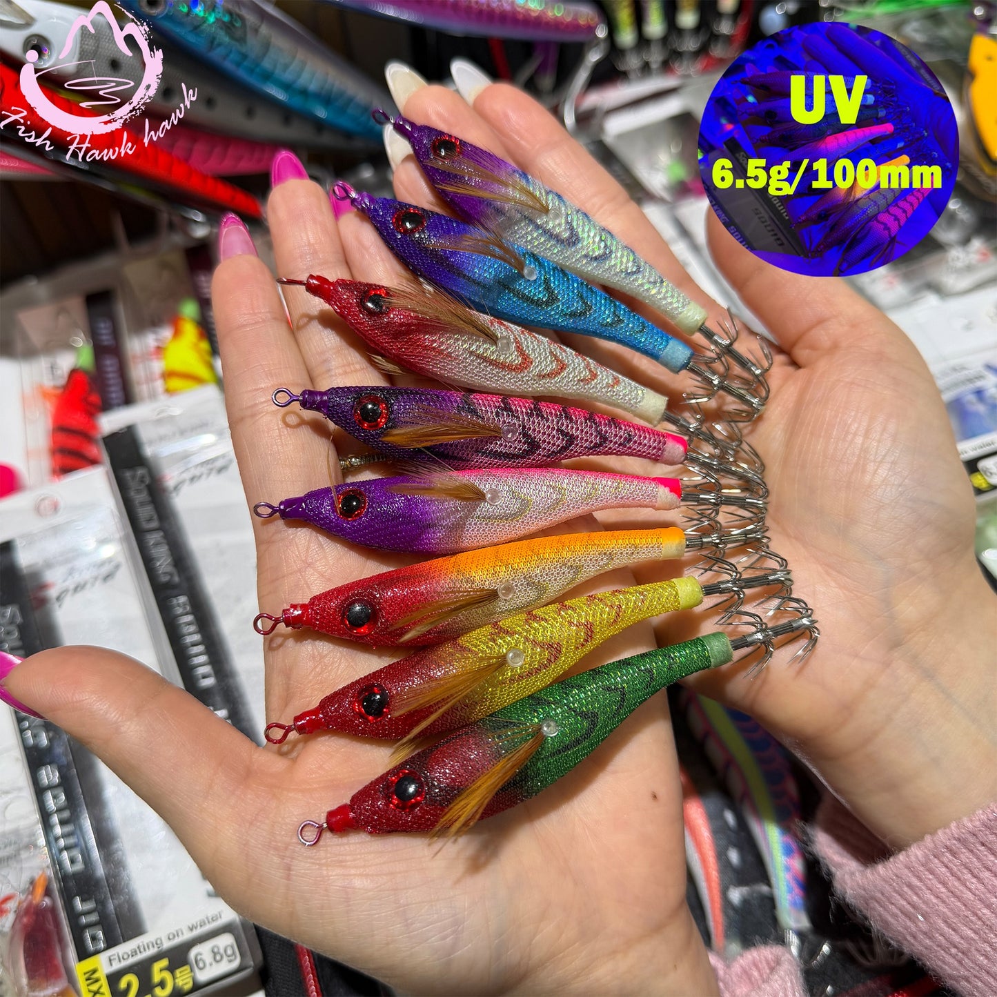 New Wholesale 2.5# Squid Jigs 6.5g 10cm UV Luminous PVC/ABS Shrimp Bait Glow Night Fishing Lures 3D Eyes Stainless Squid Hook