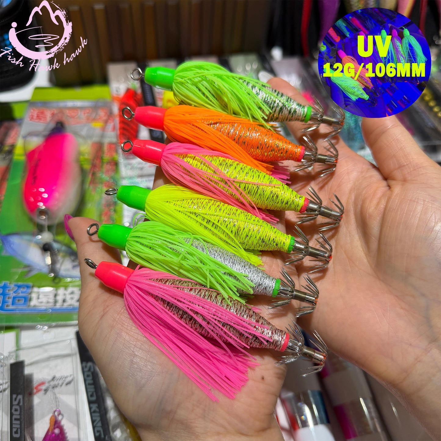 New 12g 106mm ABS PVC Midwater Night Glow UV Squid Jigs Premium Fishing Lures Squid Cuttlefish Octopus UV Glow High Visibility Squid hook