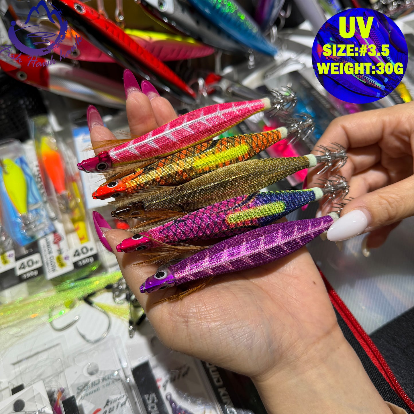 New 30g ABS Squid Hook Wooden Shrimp Lure #3.5 UV Glow Octopus/Squid Jigging Fishing Lure Deep Sea Saltwater & River Fishing Squid Hook