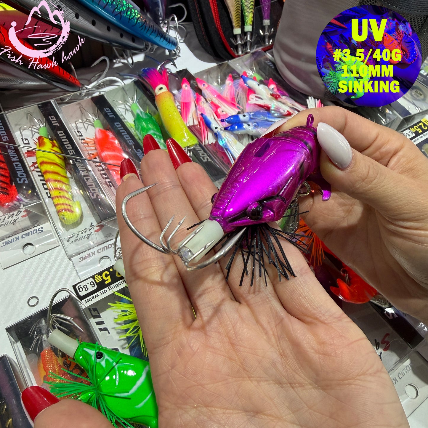 New #3.5/40g Luminous Shrimp Jig Squid Hook Saltwater Lure Glow Metal Bait for Deep Sea Jigging Bright for Snapper, Grouper Tuna Squid Hook