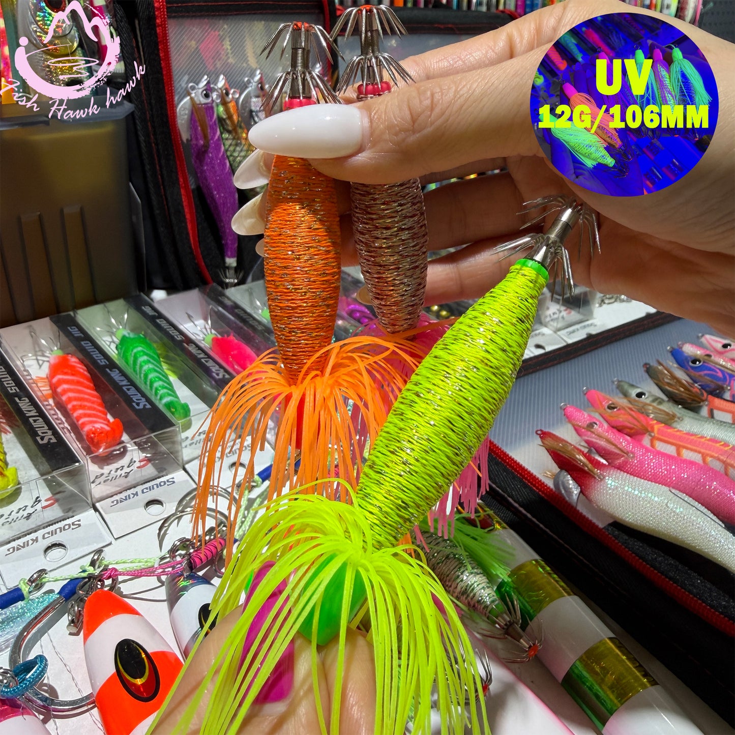 New 12g 106mm ABS PVC Midwater Night Glow UV Squid Jigs Premium Fishing Lures Squid Cuttlefish Octopus UV Glow High Visibility Squid hook