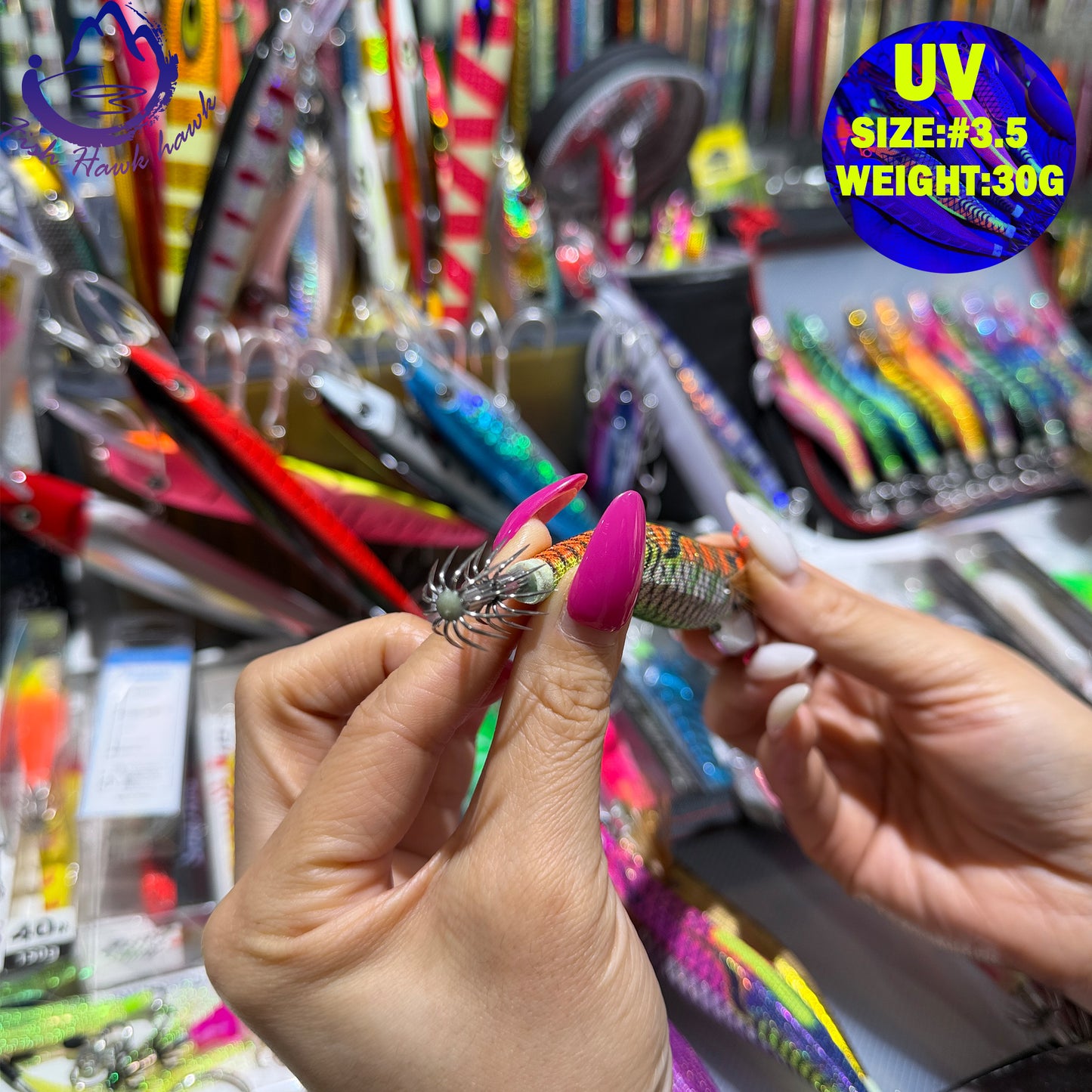 New 30g ABS Squid Hook Wooden Shrimp Lure #3.5 UV Glow Octopus/Squid Jigging Fishing Lure Deep Sea Saltwater & River Fishing Squid Hook