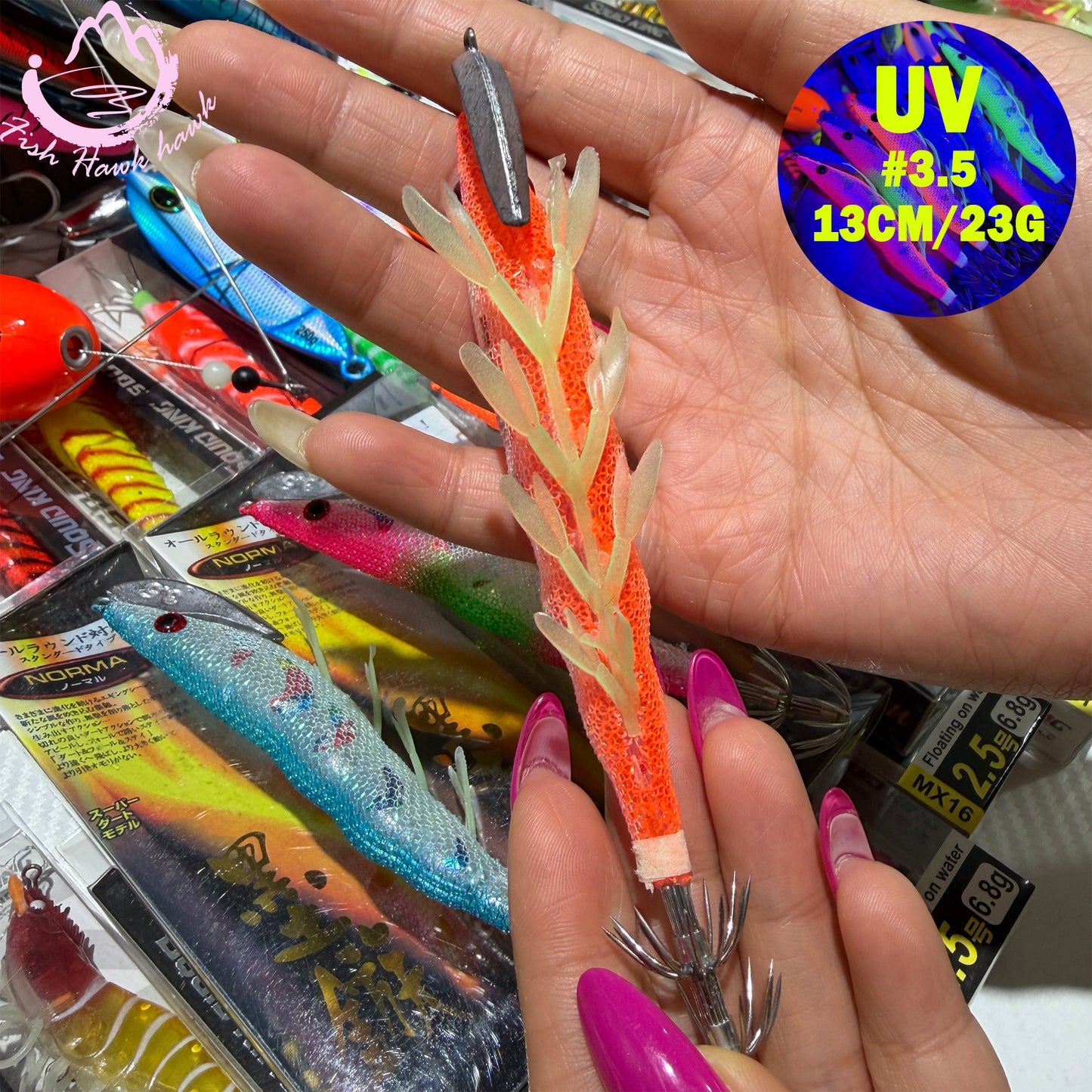 New Wooden Shrimp Bait #3.5 13cm 23g Squid Hook Lure Ultra UV Glow Egi Jig for Deep Sea Saltwater Night Jigging Fishing Squid hook