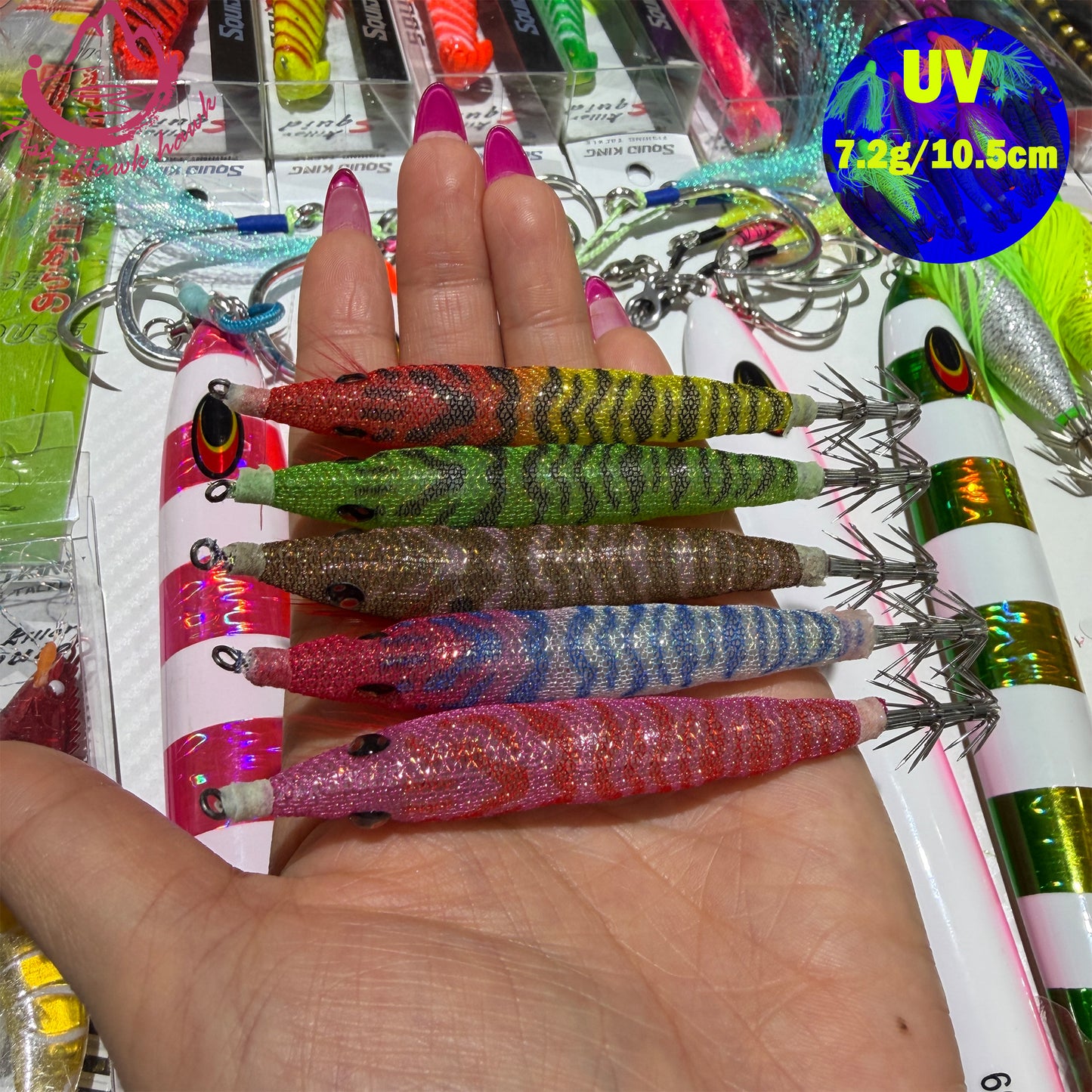 New 7.2g 10.5cm Glow Egi PVC Squid Jig Lure with LED Light for Saltwater Fishing Midwater Bait Cuttlefish & Squid 3D Eyes Squid hook