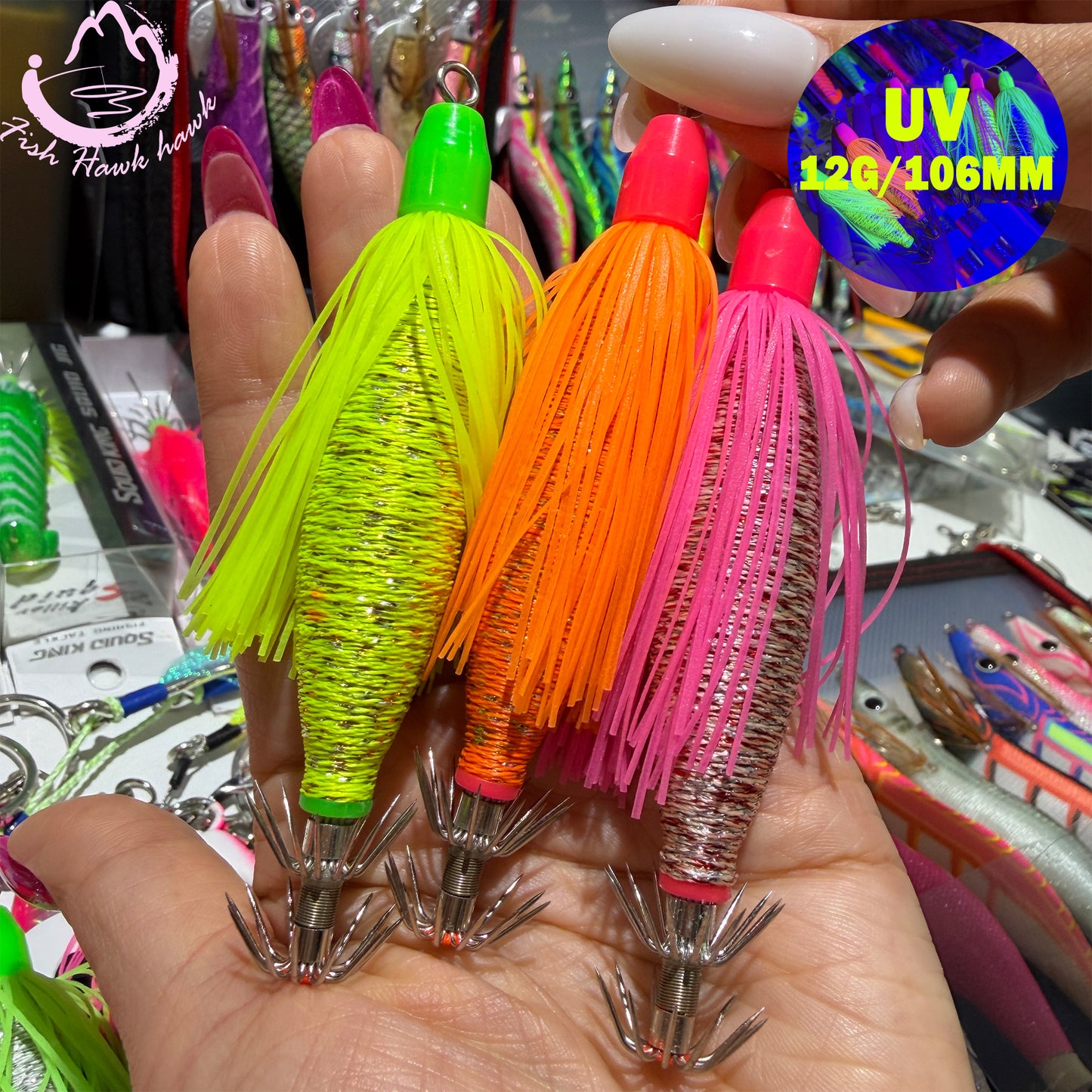 New 12g 106mm ABS PVC Midwater Night Glow UV Squid Jigs Premium Fishing Lures Squid Cuttlefish Octopus UV Glow High Visibility Squid hook