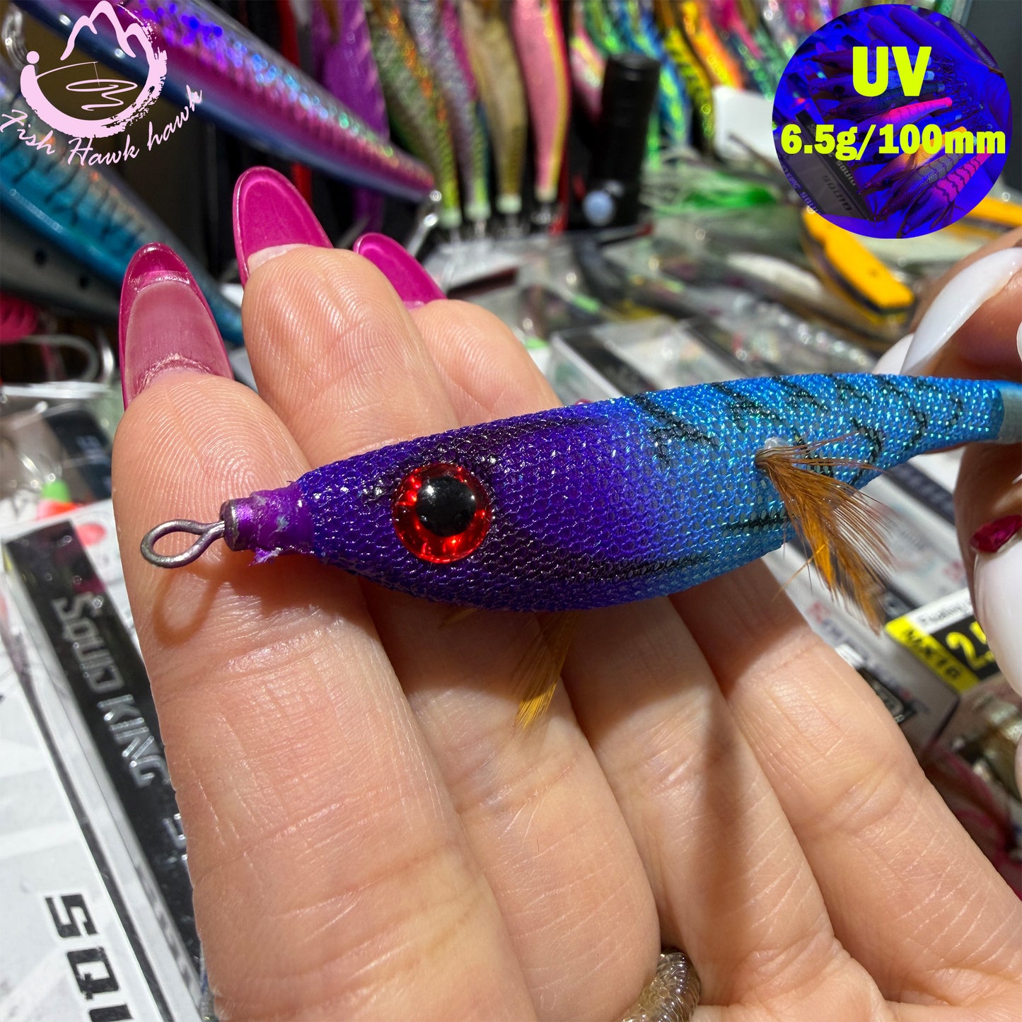 New Wholesale 2.5# Squid Jigs 6.5g 10cm UV Luminous PVC/ABS Shrimp Bait Glow Night Fishing Lures 3D Eyes Stainless Squid Hook