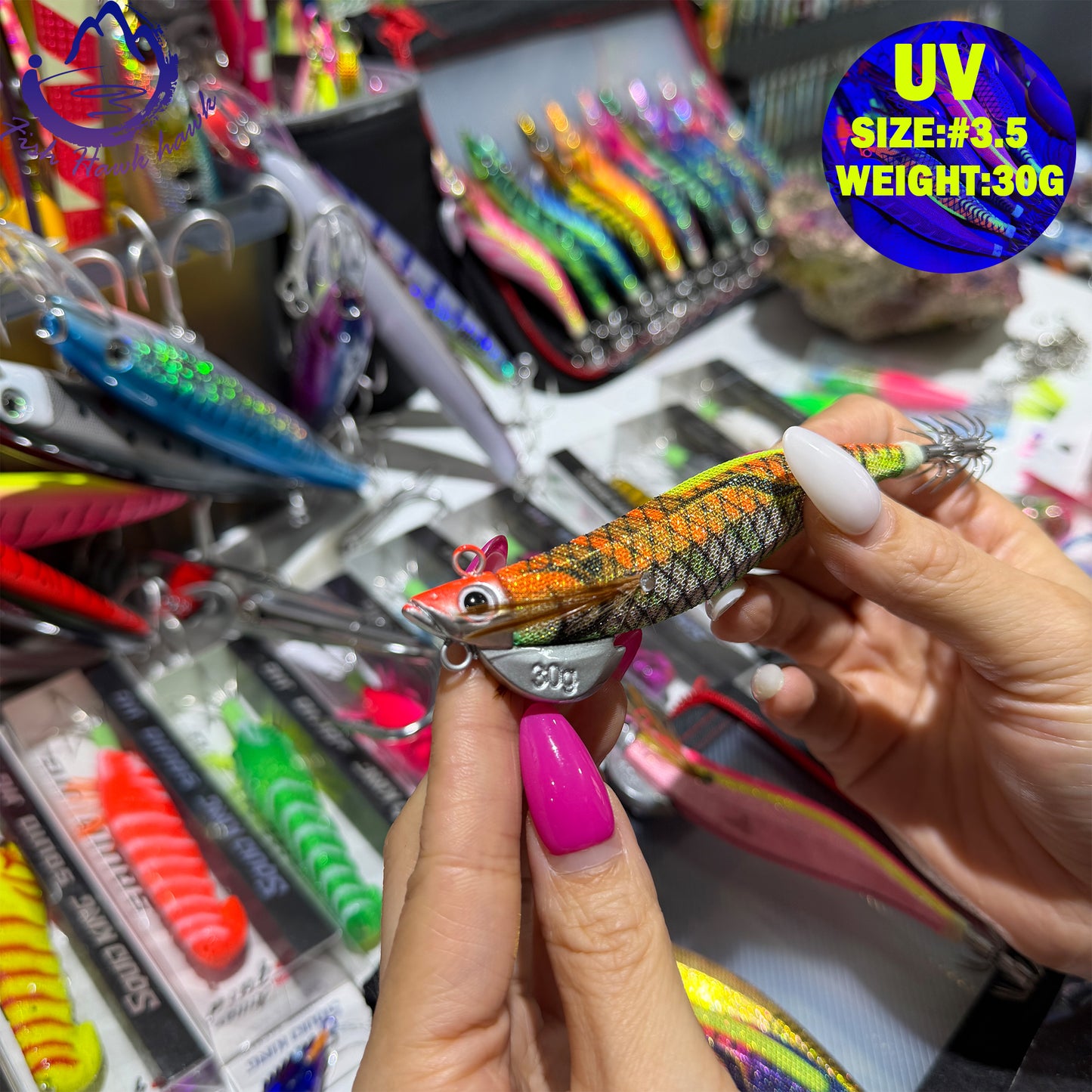 New 30g ABS Squid Hook Wooden Shrimp Lure #3.5 UV Glow Octopus/Squid Jigging Fishing Lure Deep Sea Saltwater & River Fishing Squid Hook