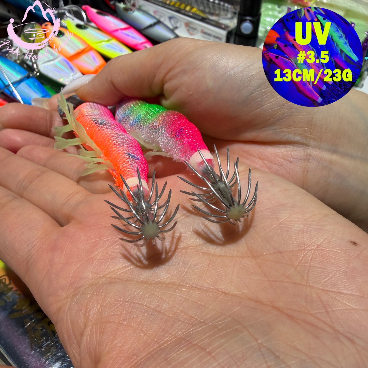 New Wooden Shrimp Bait #3.5 13cm 23g Squid Hook Lure Ultra UV Glow Egi Jig for Deep Sea Saltwater Night Jigging Fishing Squid hook