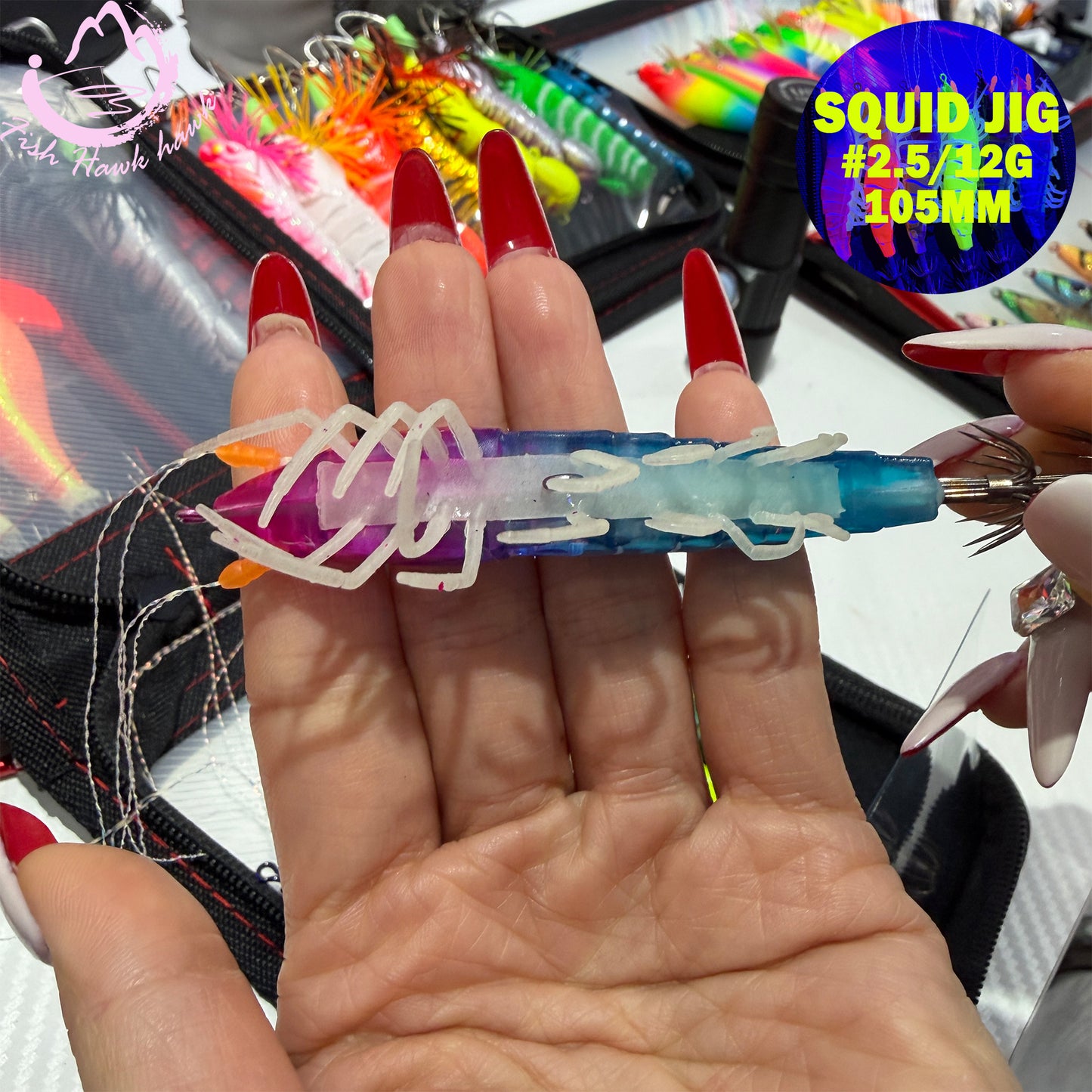 New High Glow Squid Jig Lure #2.5 #3.0 – Realistic Shrimp Body, Sharp Crown Hooks for Squid & Cuttlefish Squid Hook