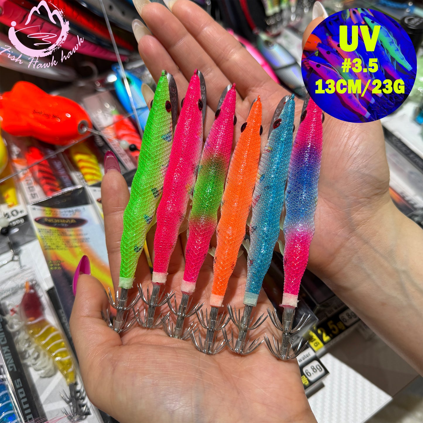 New Wooden Shrimp Bait #3.5 13cm 23g Squid Hook Lure Ultra UV Glow Egi Jig for Deep Sea Saltwater Night Jigging Fishing Squid hook