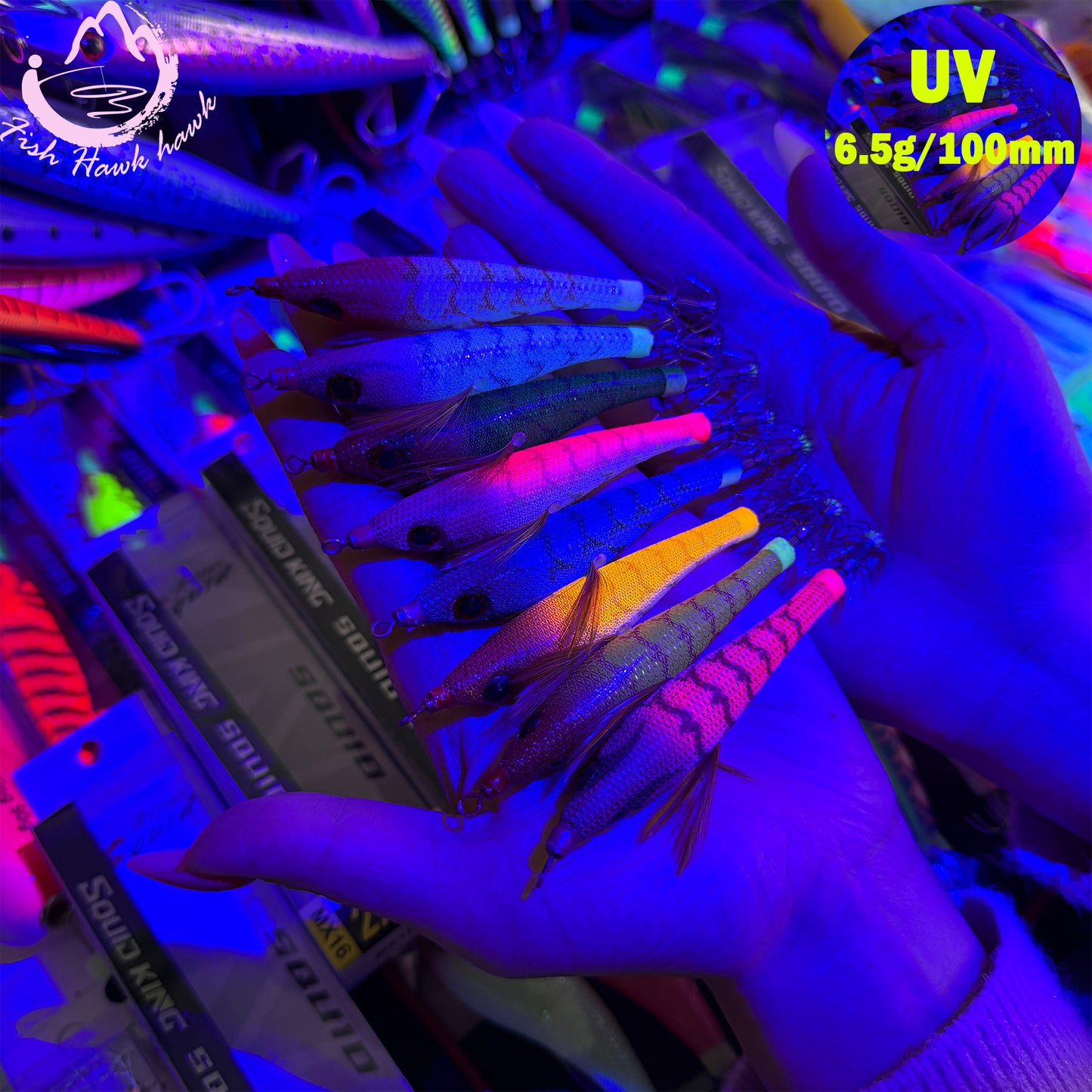 New Wholesale 2.5# Squid Jigs 6.5g 10cm UV Luminous PVC/ABS Shrimp Bait Glow Night Fishing Lures 3D Eyes Stainless Squid Hook