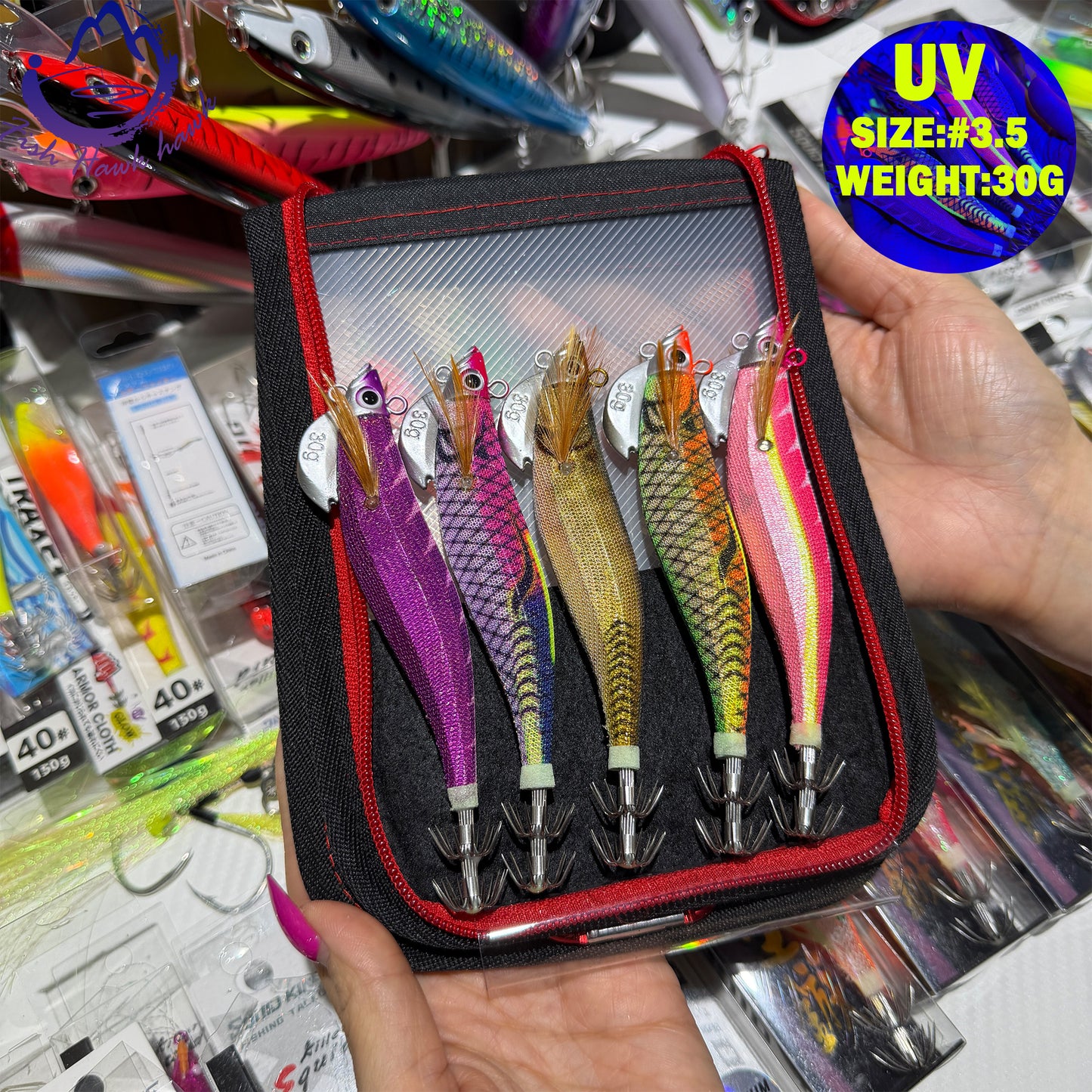 New 30g ABS Squid Hook Wooden Shrimp Lure #3.5 UV Glow Octopus/Squid Jigging Fishing Lure Deep Sea Saltwater & River Fishing Squid Hook