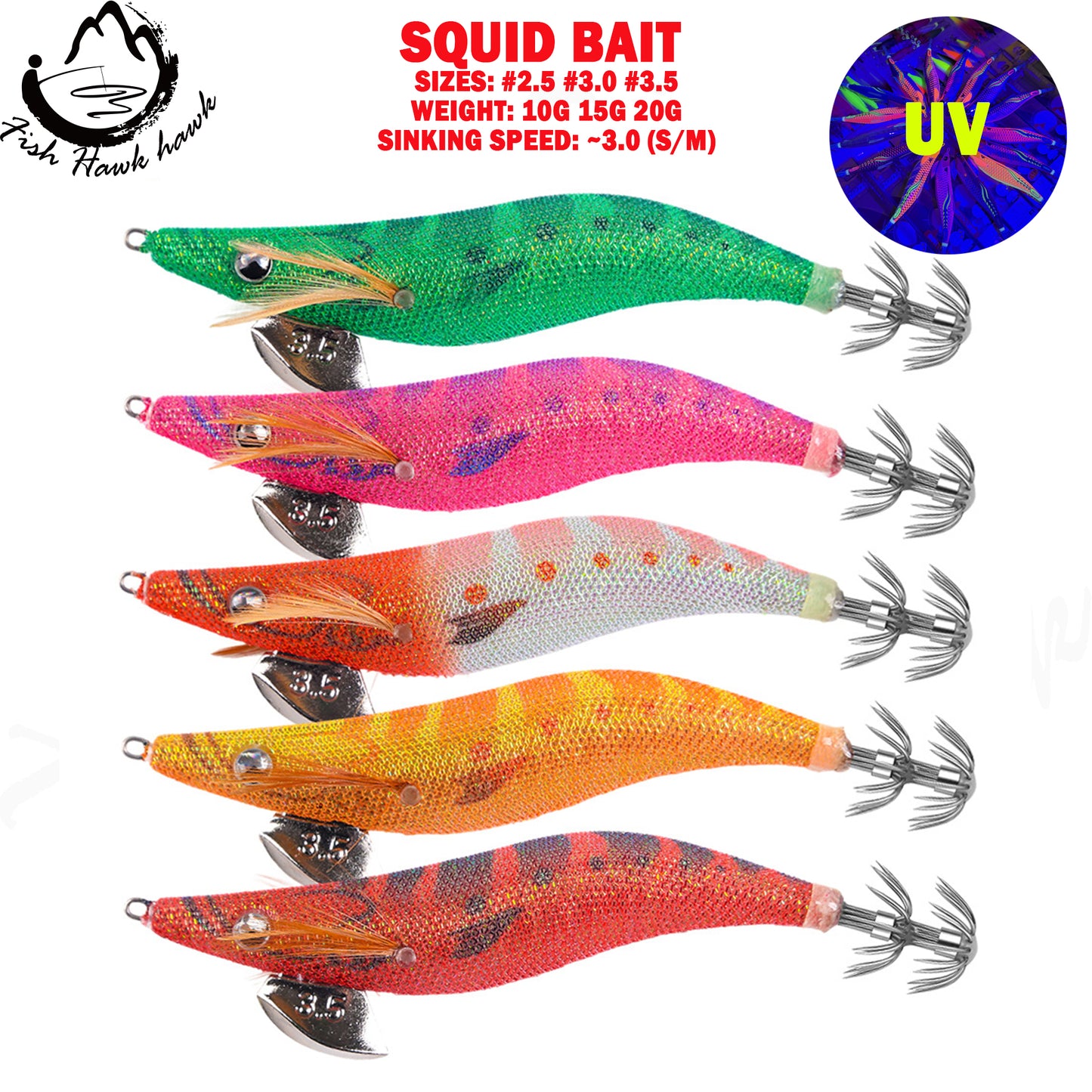 New Squid Hook #2.5/10g #3.0/15g #3.5/20g Rapid inkiSng Artificial Luminous Squid Jigging Bait Wood Shrimp Hooks for Saltwater Tackle Fishing Lure