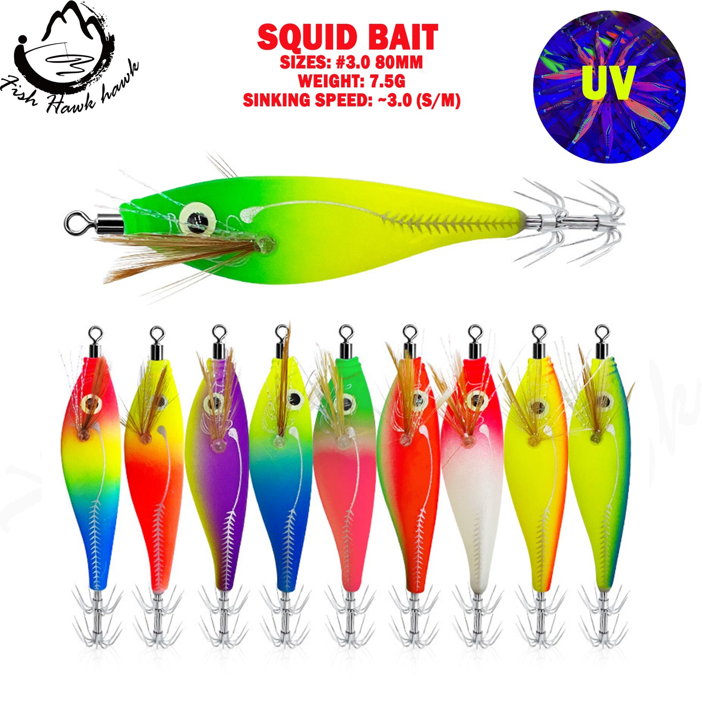 New Squid Hook 7.5g/8cm Rapid inkiSng Artificial Luminous Squid Jigging Bait Wood Shrimp Hooks for Saltwater Tackle Fishing Lure