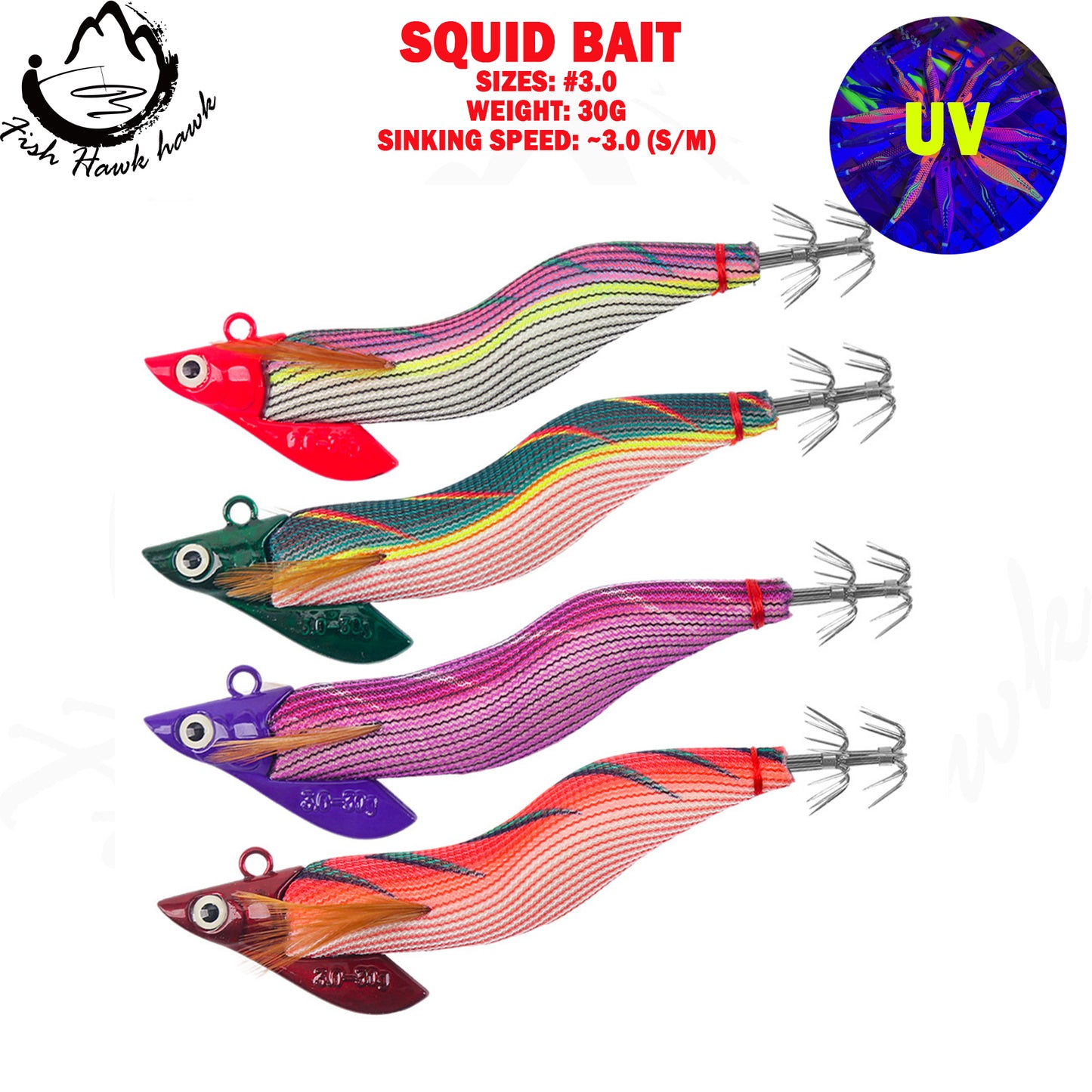 New Squid Hook #3.0/30g Rapid inkiSng Artificial Luminous Squid Jigging Bait Wood Shrimp Hooks for Saltwater Tackle Fishing Lure