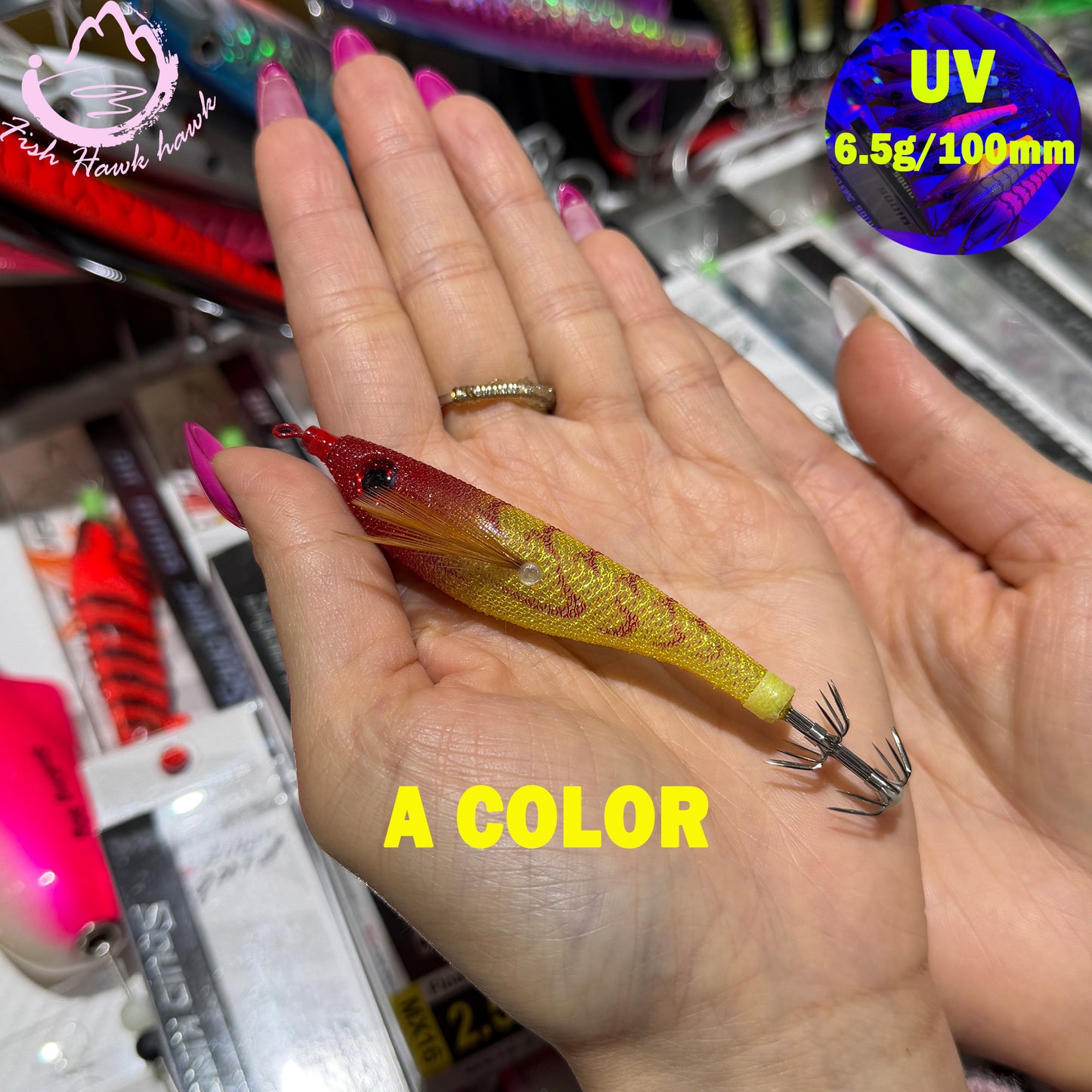 New Wholesale 2.5# Squid Jigs 6.5g 10cm UV Luminous PVC/ABS Shrimp Bait Glow Night Fishing Lures 3D Eyes Stainless Squid Hook