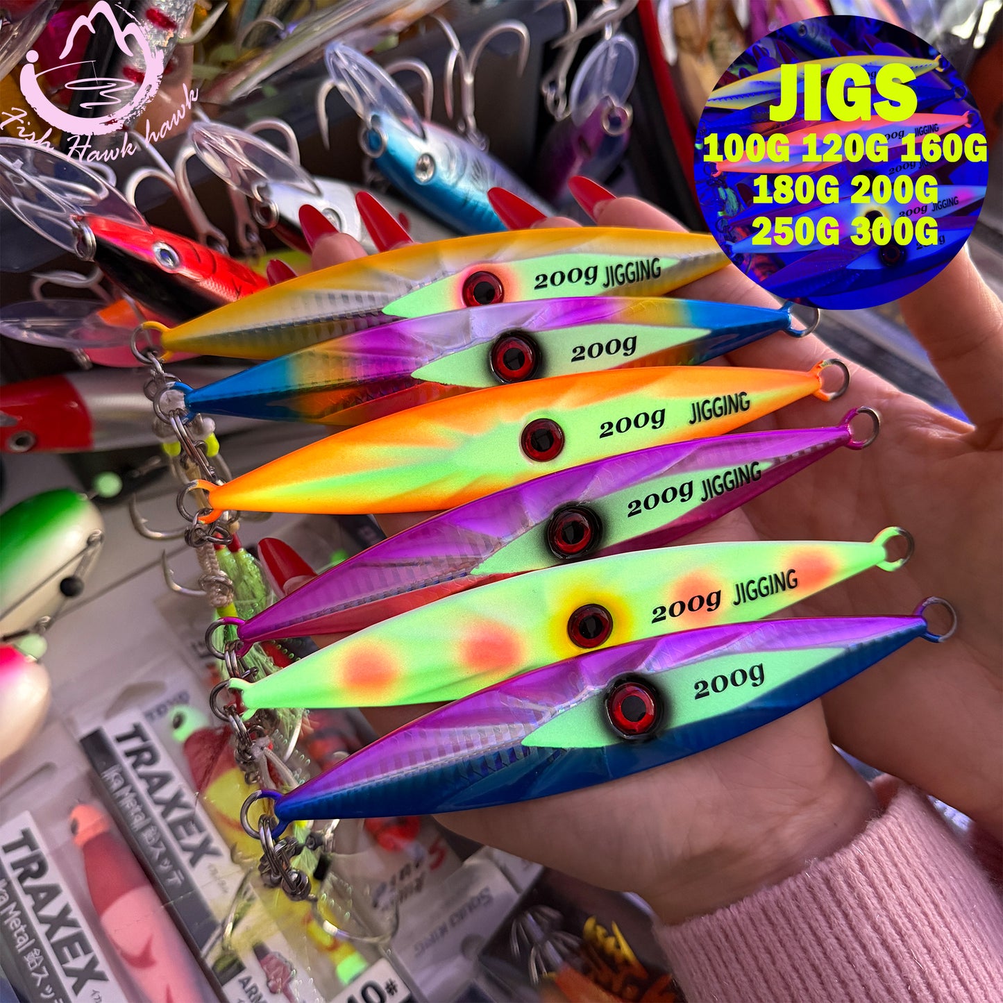 New 100g 300g Luminous Slow Pitch Jigging Lure for Saltwater High Strength Metal Jig for Deep Sea Tuna Snapper & Grouper jigs lure