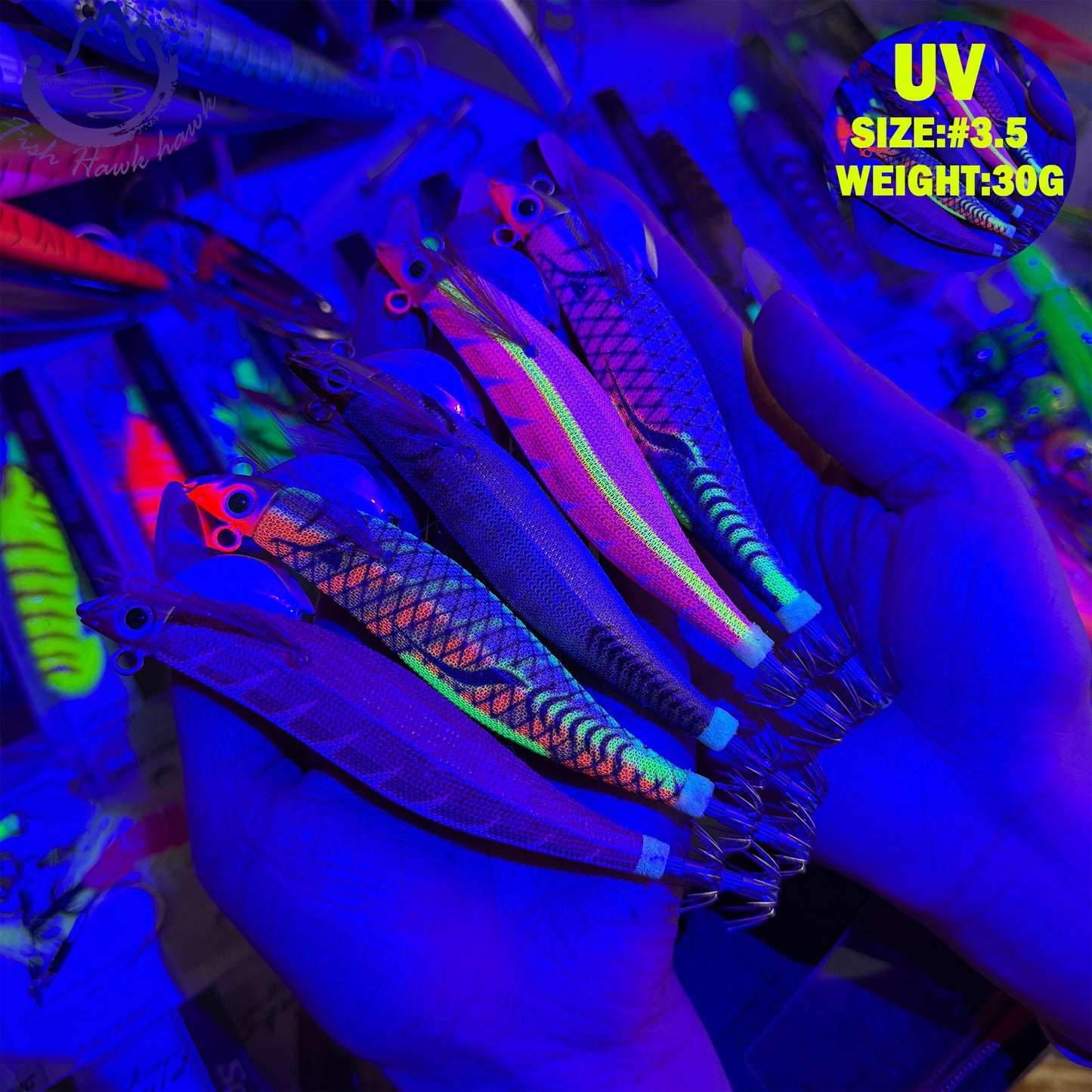 New 30g ABS Squid Hook Wooden Shrimp Lure #3.5 UV Glow Octopus/Squid Jigging Fishing Lure Deep Sea Saltwater & River Fishing Squid Hook