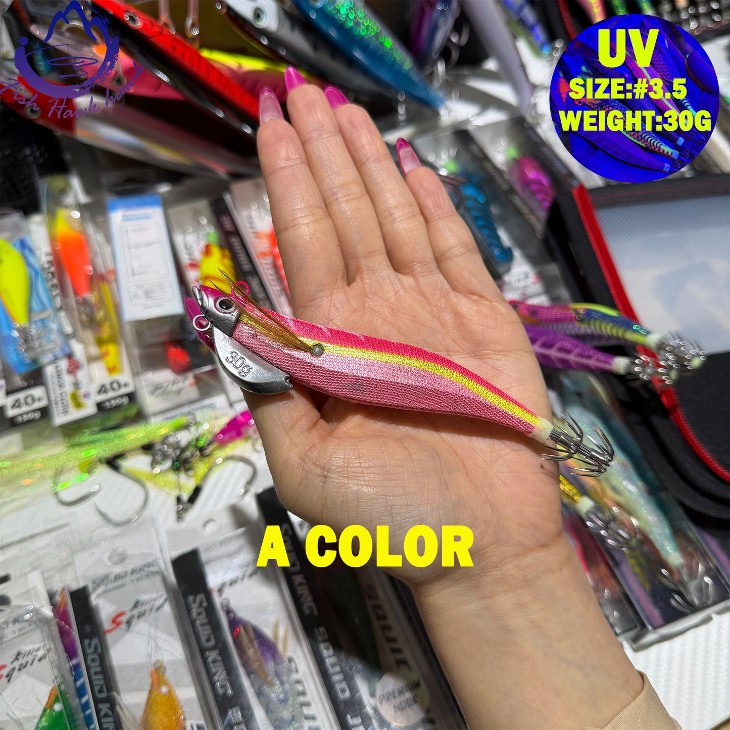 New 30g ABS Squid Hook Wooden Shrimp Lure #3.5 UV Glow Octopus/Squid Jigging Fishing Lure Deep Sea Saltwater & River Fishing Squid Hook