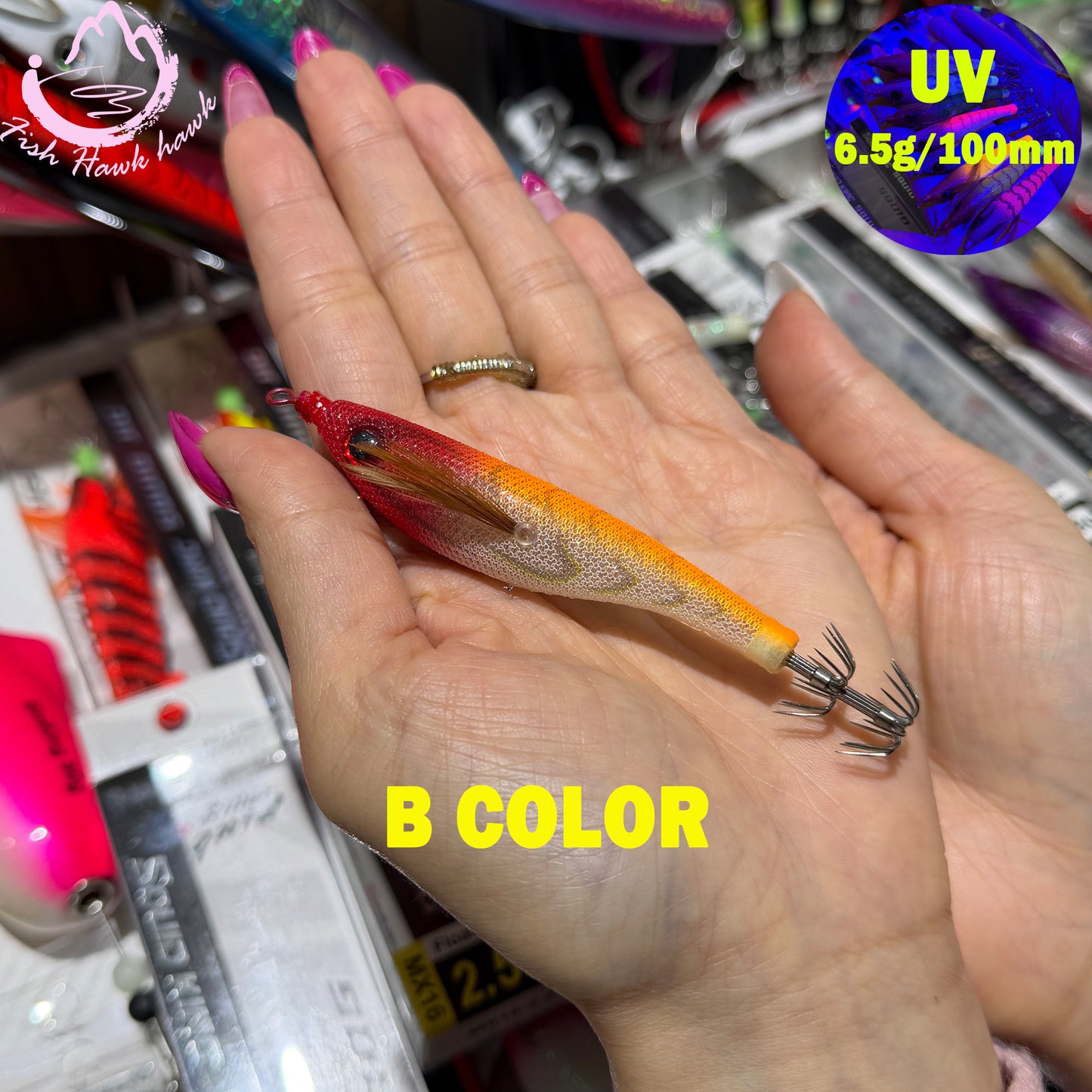 New Wholesale 2.5# Squid Jigs 6.5g 10cm UV Luminous PVC/ABS Shrimp Bait Glow Night Fishing Lures 3D Eyes Stainless Squid Hook
