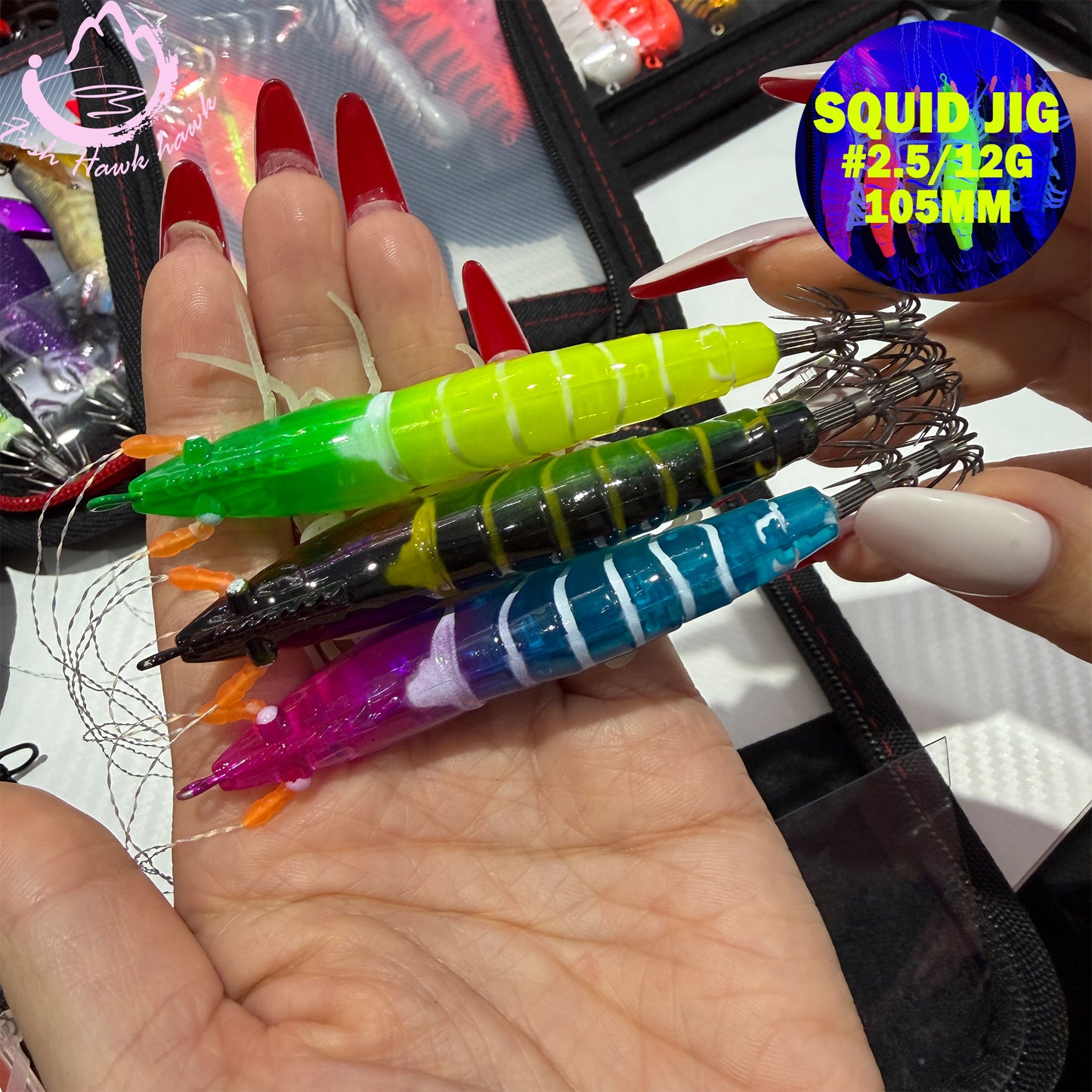 New High Glow Squid Jig Lure #2.5 #3.0 – Realistic Shrimp Body, Sharp Crown Hooks for Squid & Cuttlefish Squid Hook