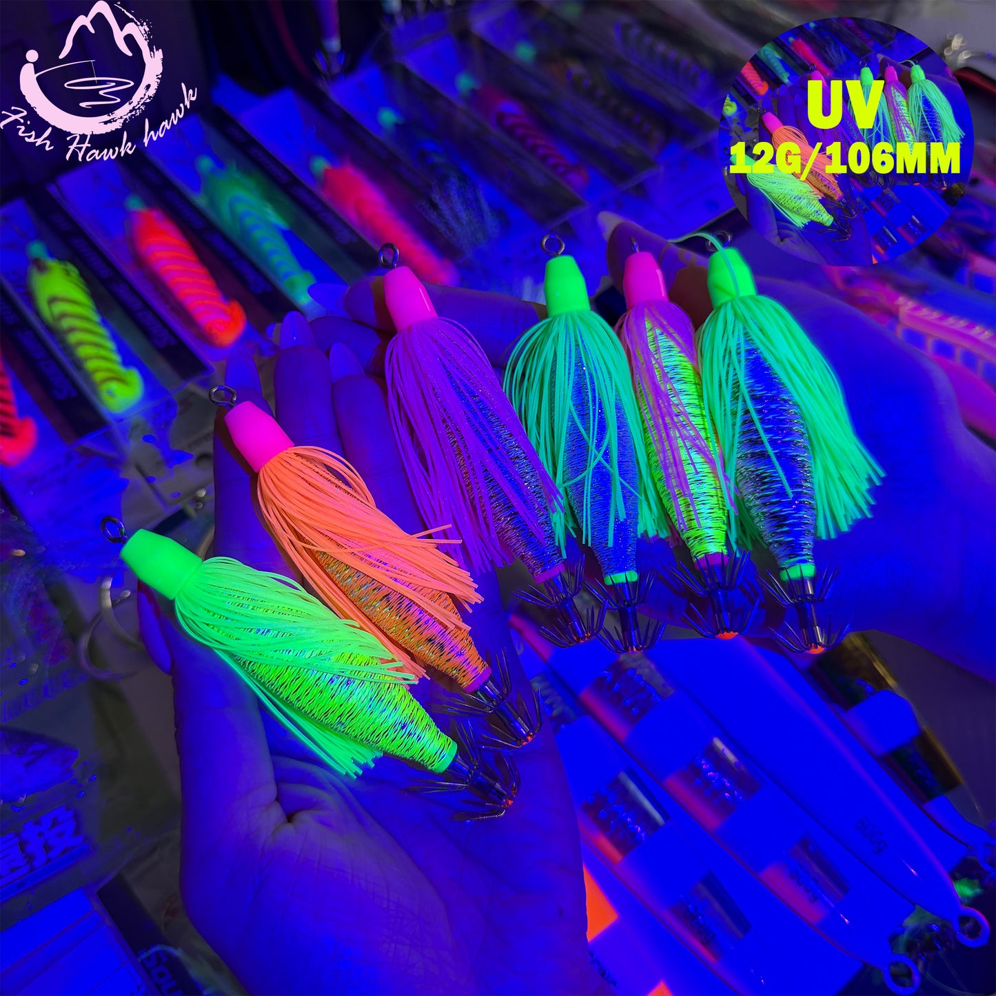 New 12g 106mm ABS PVC Midwater Night Glow UV Squid Jigs Premium Fishing Lures Squid Cuttlefish Octopus UV Glow High Visibility Squid hook