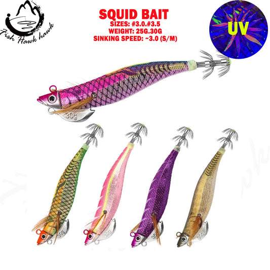 New Squid Hook #3.0/25g #3.5/30g Rapid inkiSng Artificial Luminous Squid Jigging Bait Wood Shrimp Hooks for Saltwater Tackle Fishing Lure