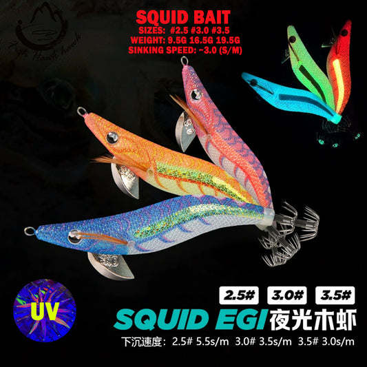 New Squid Hook #2.5/9.5g #3.0/15.5g #3.5/19.5g Rapid inkiSng Artificial Luminous Squid Jigging Bait Wood Shrimp Hooks for Saltwater Tackle Fishing Lure